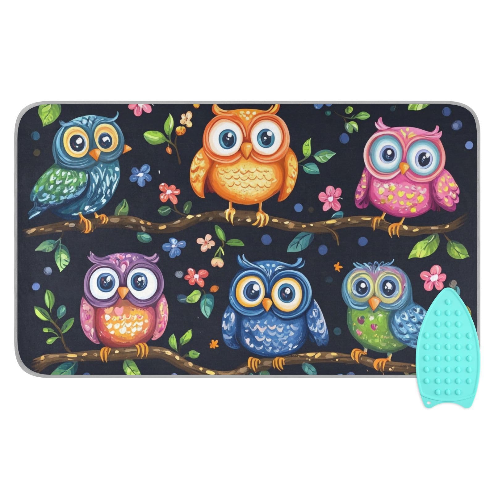 Vibrant Owls Branches Flowers Spring Ironing Mat Portable Ironing Pad Blanket with Silicone Iron Rest for Table Top Travel Heat Resistant Double