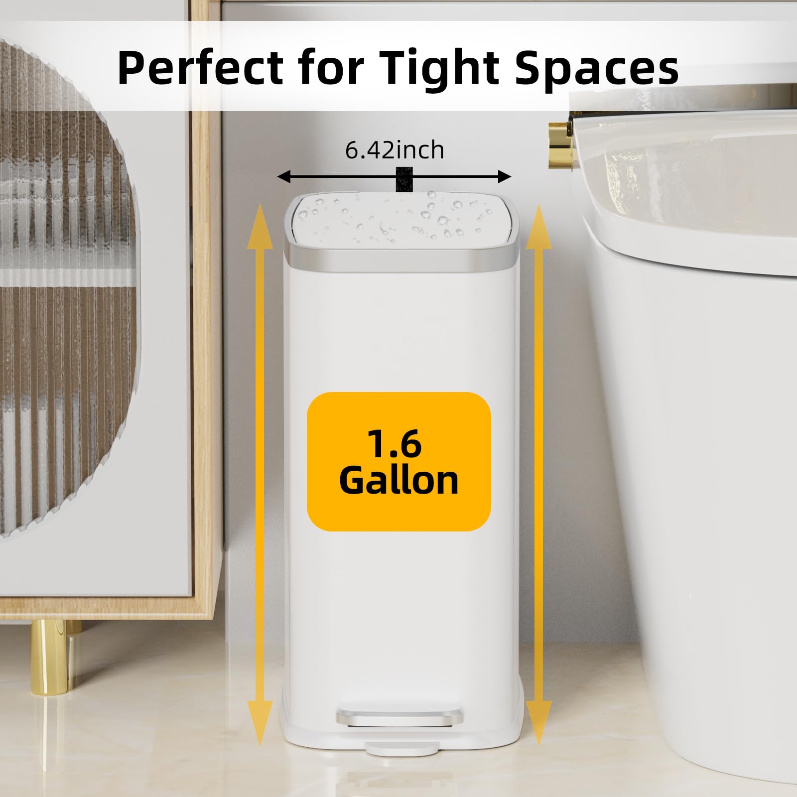 Stainless Steel Bathroom Trash Can with Lid Soft Close (60 Count)