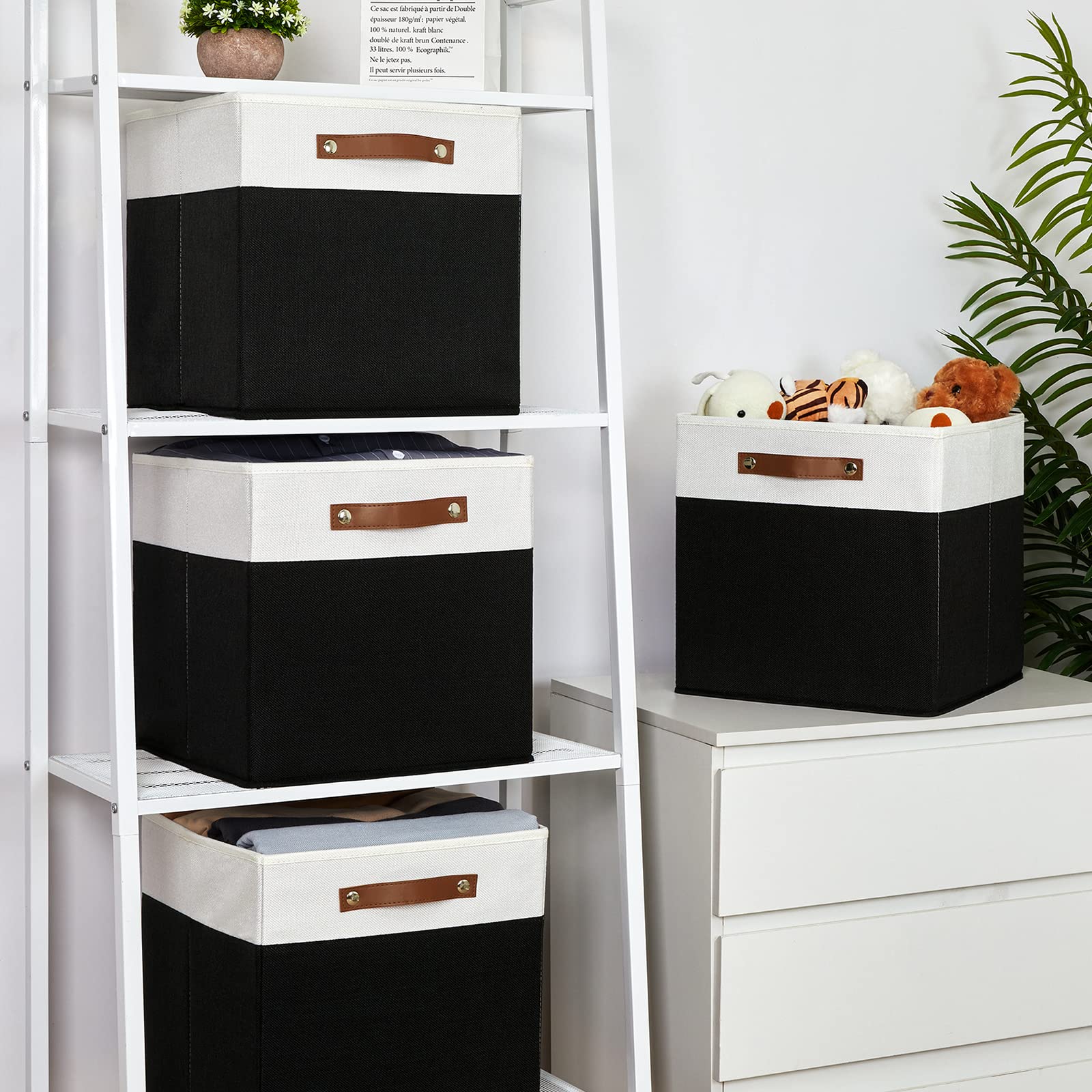 Fabric Storage Bin 4 Pack Cube Storage Bin for Shelf Fabric Cube Storage Basket 13 Inch Cube Storage Bins Foldable Storage Cubes with Leather Handles (4 Count)