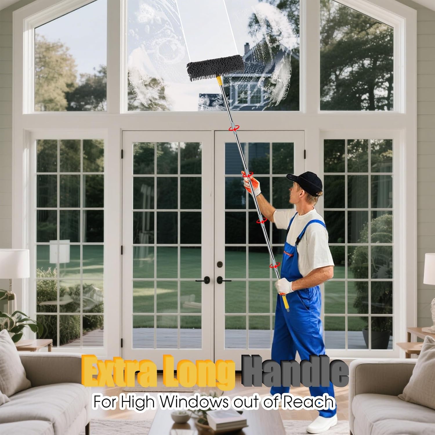 81" Long Handle Window Cleaner Tool Squeegee with Extension Pole, 2 in 1 Large Surface Window Cleaning Kit, Professional Window Washing Kit for High Windows Glass Car Mirror Solar Panel - ModHome Supplies