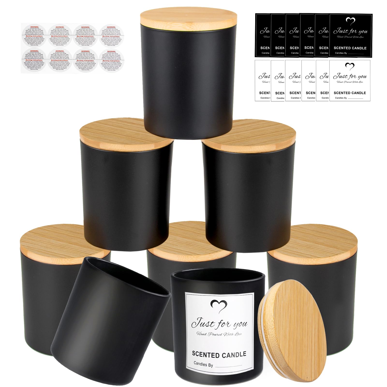 8 Pack 14 OZ Black Glass Candle Jars with Bamboo Lids (8 Count)