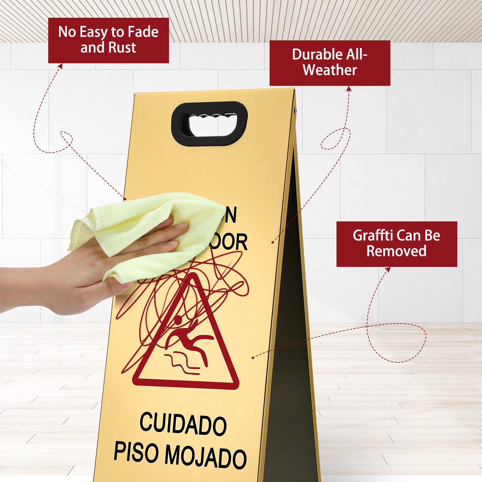 2 Pcs 24 Inch Stainless Steel Wet Floor Sign (2 Count)