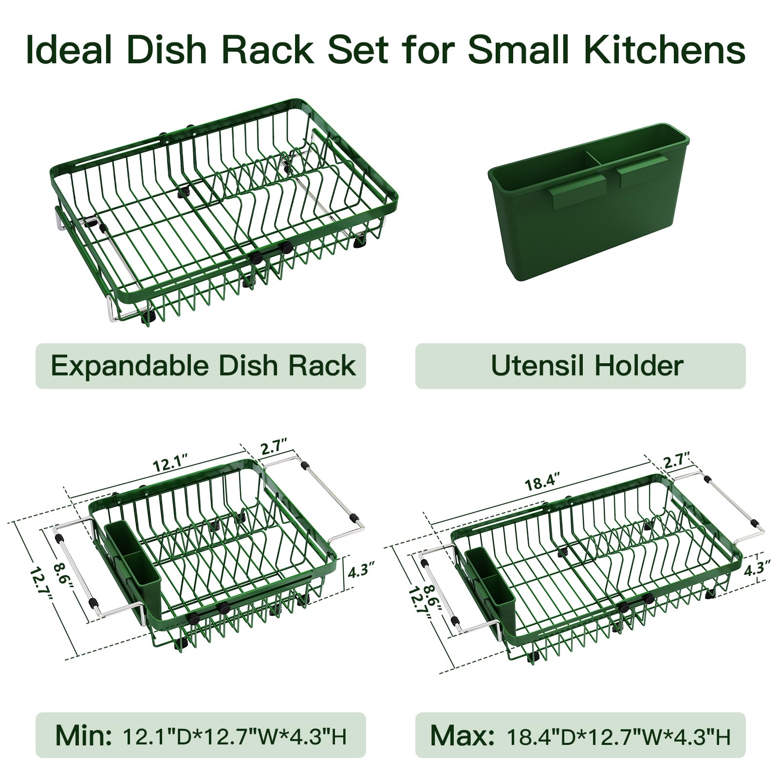 Green Dish Drying Rack Over The Sink with Utensil Holder