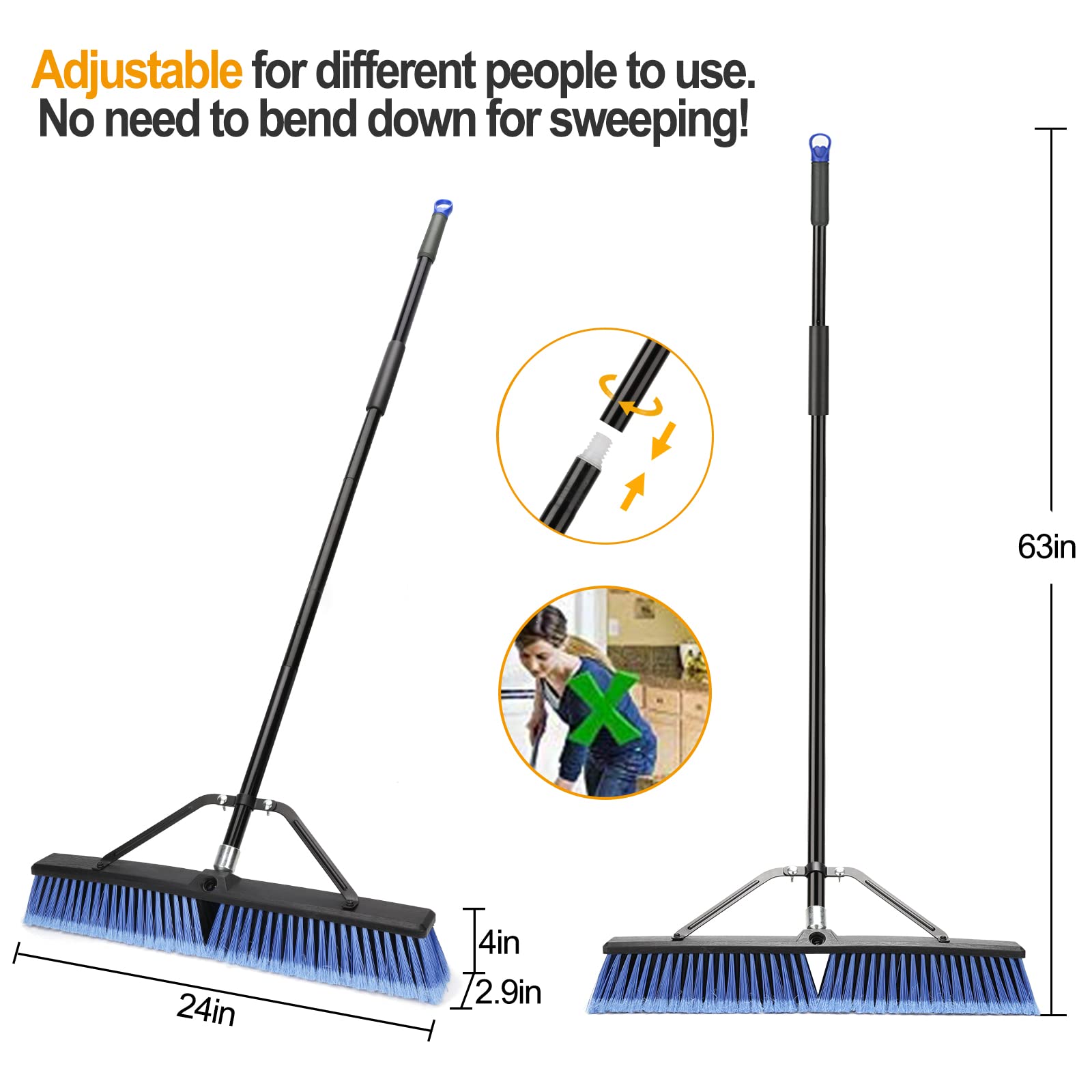 24 inches Push Broom Outdoor for Deck Driveway Garage Yard Patio Concrete Floor Cleaning