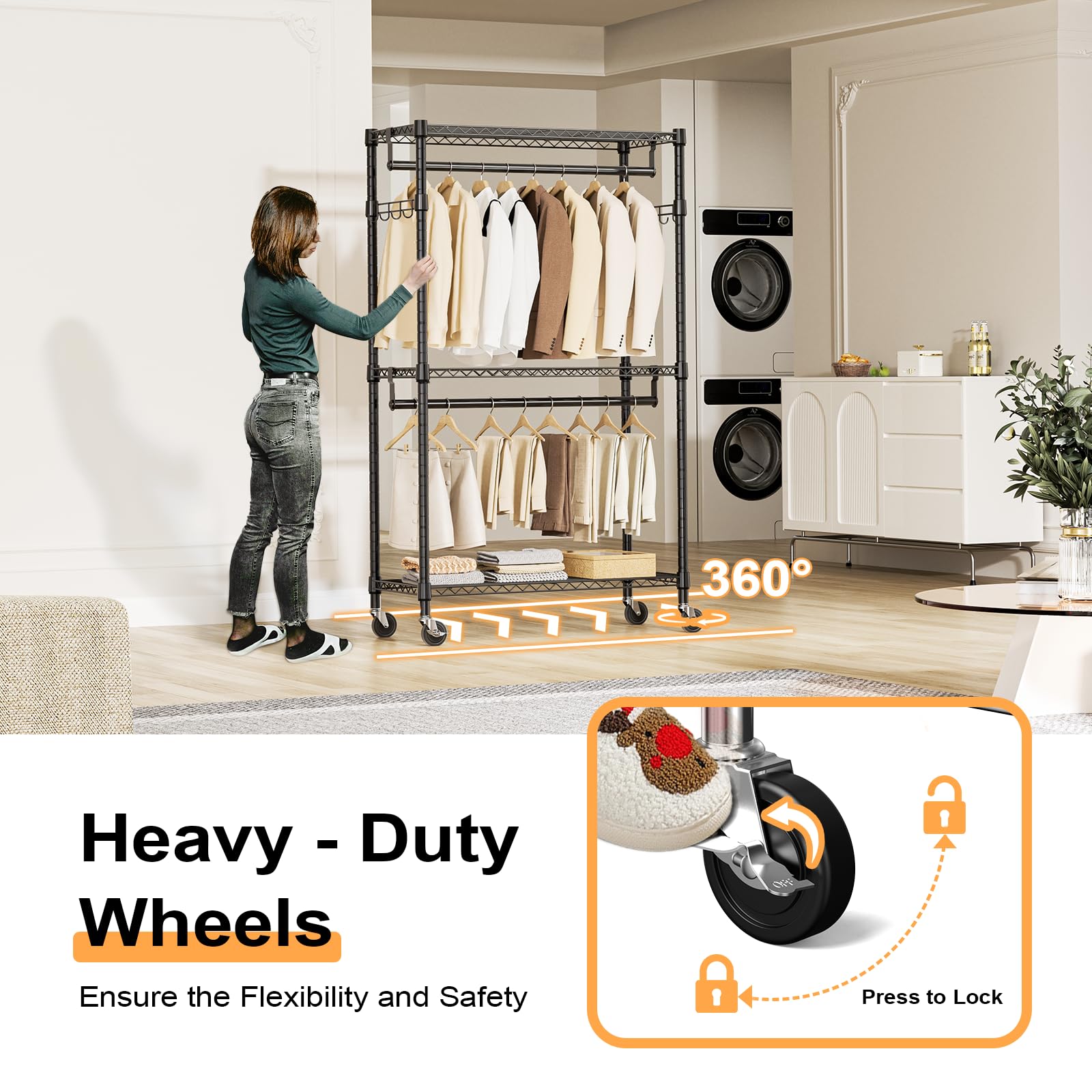 Heavy Duty Rolling Garment Rack 3 Tiers Adjustable Wire Shelving Clothes Rack with 2 Rods and Side Hooks