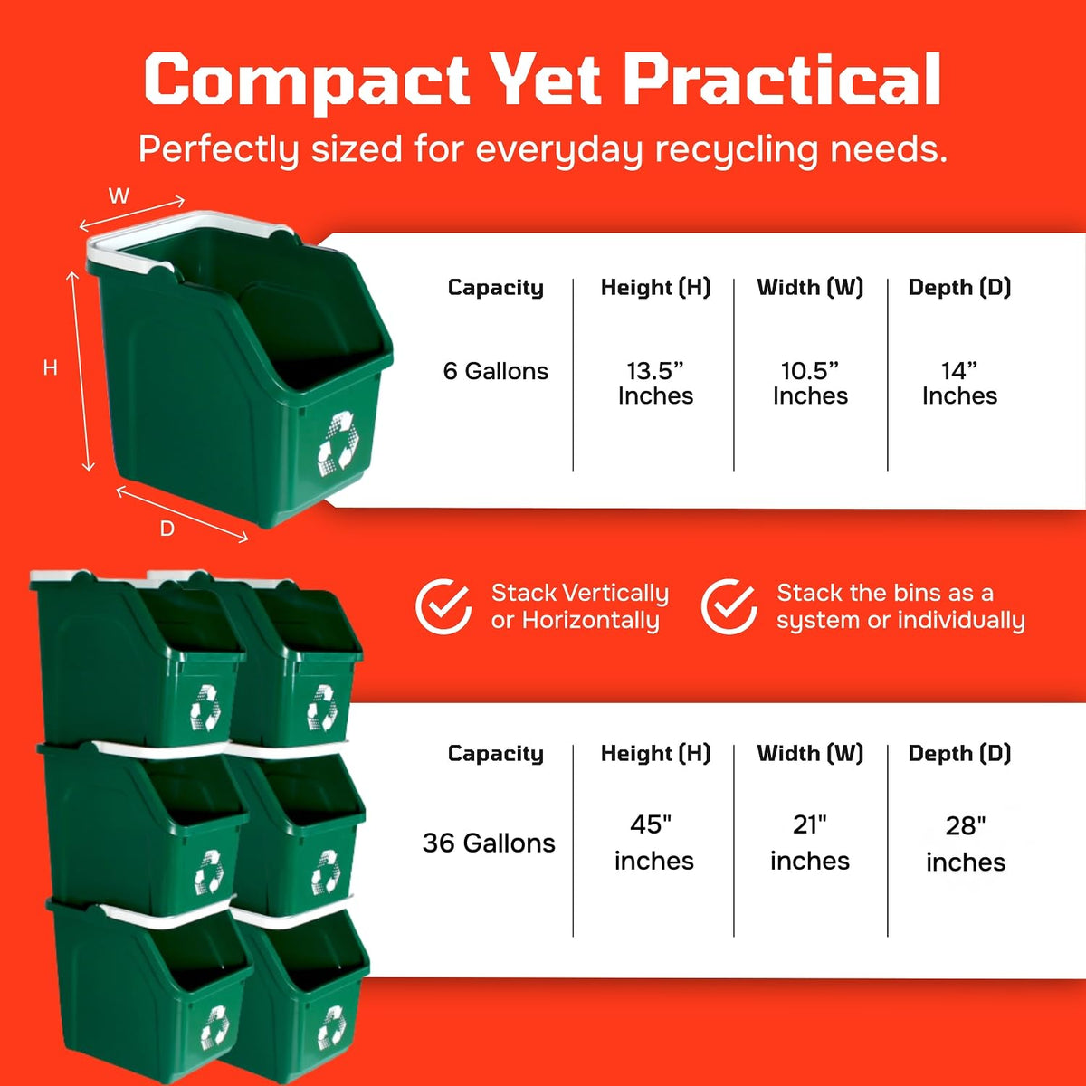 Green Recycle Bin 6 Gallon Stackable Recycle Bins for Kitchen with Handle (6 Count)