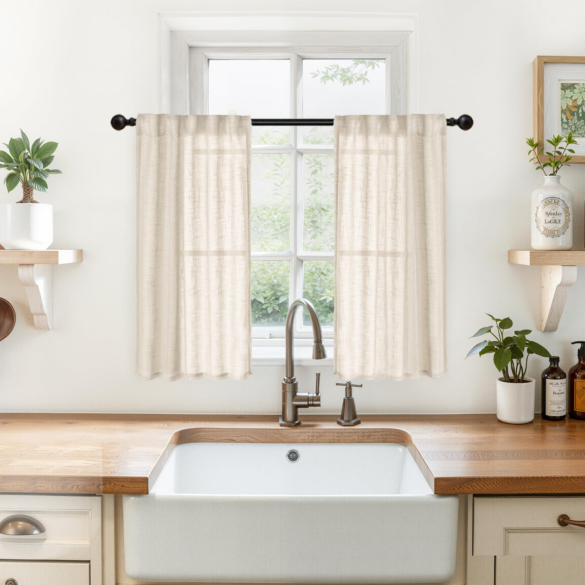 Small Oatmeal Linen Curtains 29X36 Inch Length for Cafe Kitchen Window (2 Count)