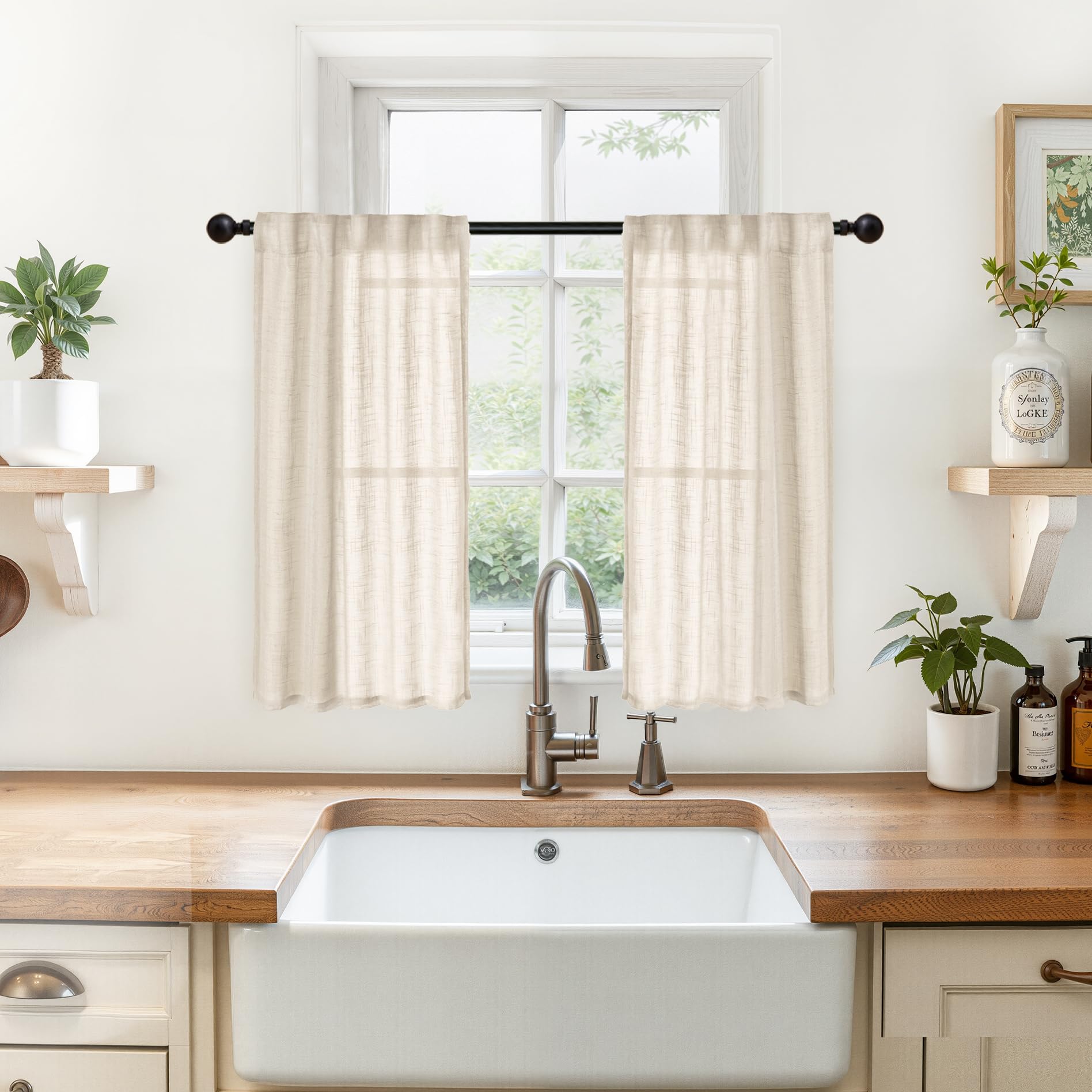 Small Oatmeal Linen Curtains 29X36 Inch Length for Cafe Kitchen Window (2 Count)