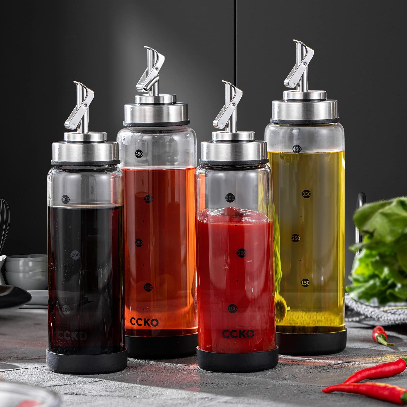 Glass Olive Oil Dispenser Bottle with Stainless Steel Spouts Shatterproof Glass Olive Oil Bottle 350ml Cooking Oil and Vinegar Cruet Bottle Container Carafe for Kitchen
