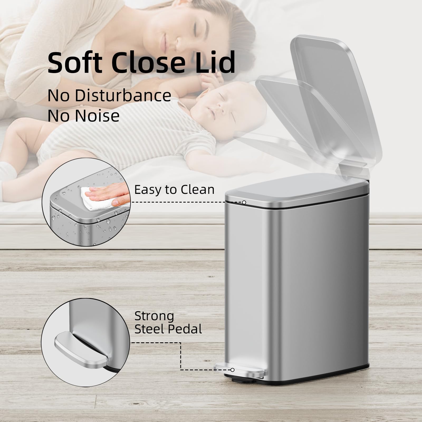 Slim Bathroom Trash Can with Lid