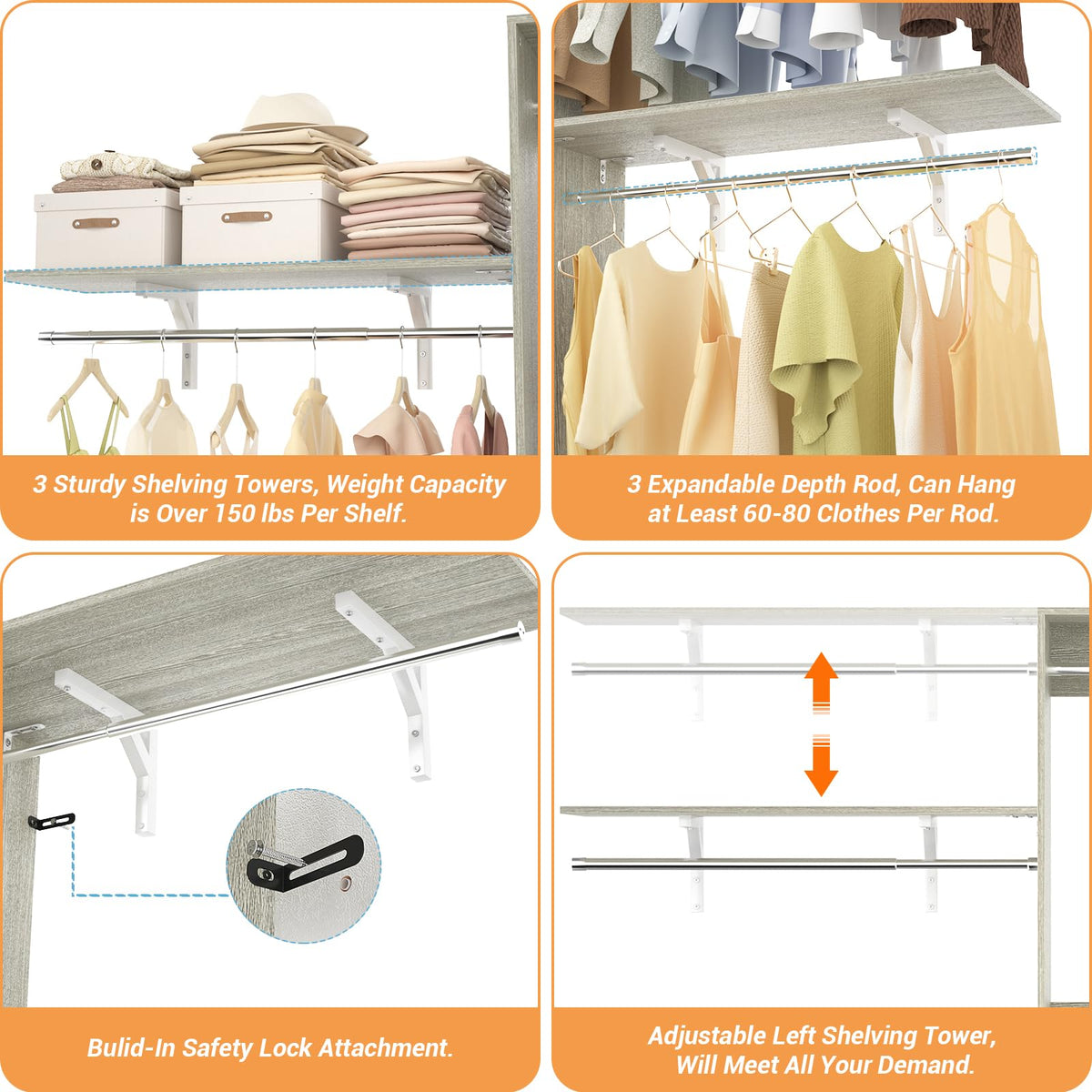 8FT Closet System with 3 Wooden Storage Shelves