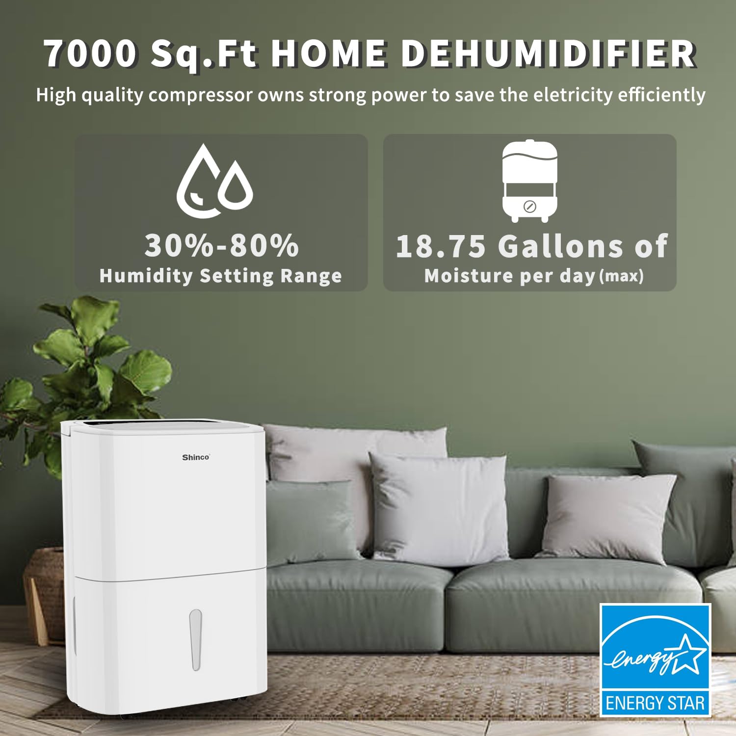 7 000 Sq.Ft Energy Star Dehumidifier with Pump and WIFI