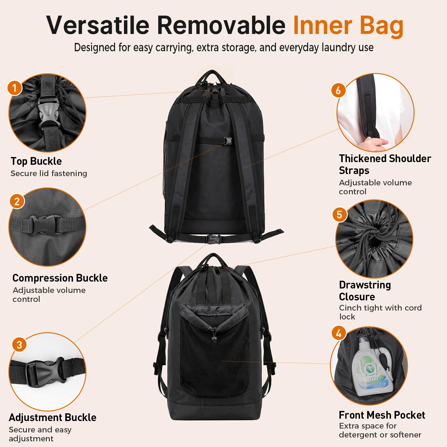 100L 2-in-1 Laundry Hamper with Laundry Backpack, Waterproof Basket with Lid, Laundry Bag with Shoulder Straps and Mesh Pocket, Hamper for College Dorm, Travel, Apartment, Laundromat