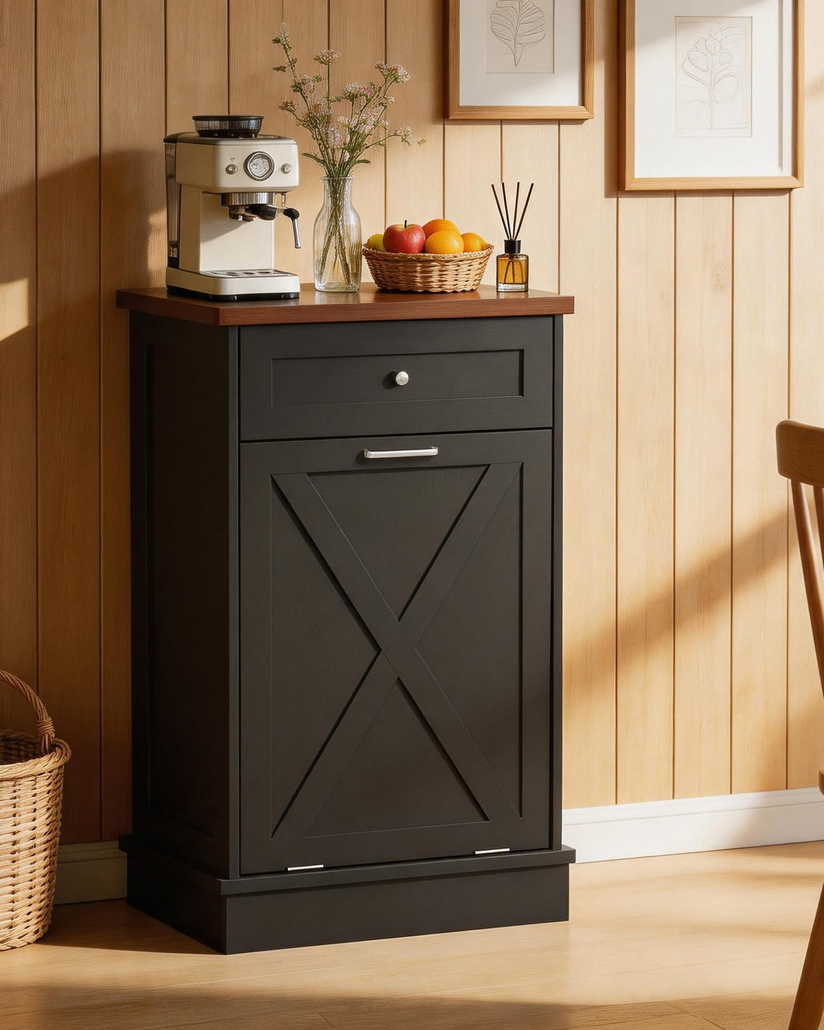 10 Gallon Tilt Out Trash Cabinet with Hideaway Drawer