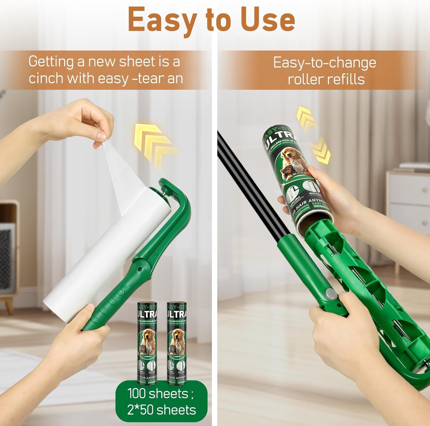 10" Large Lint Roller for Pet Hair (100 Count)