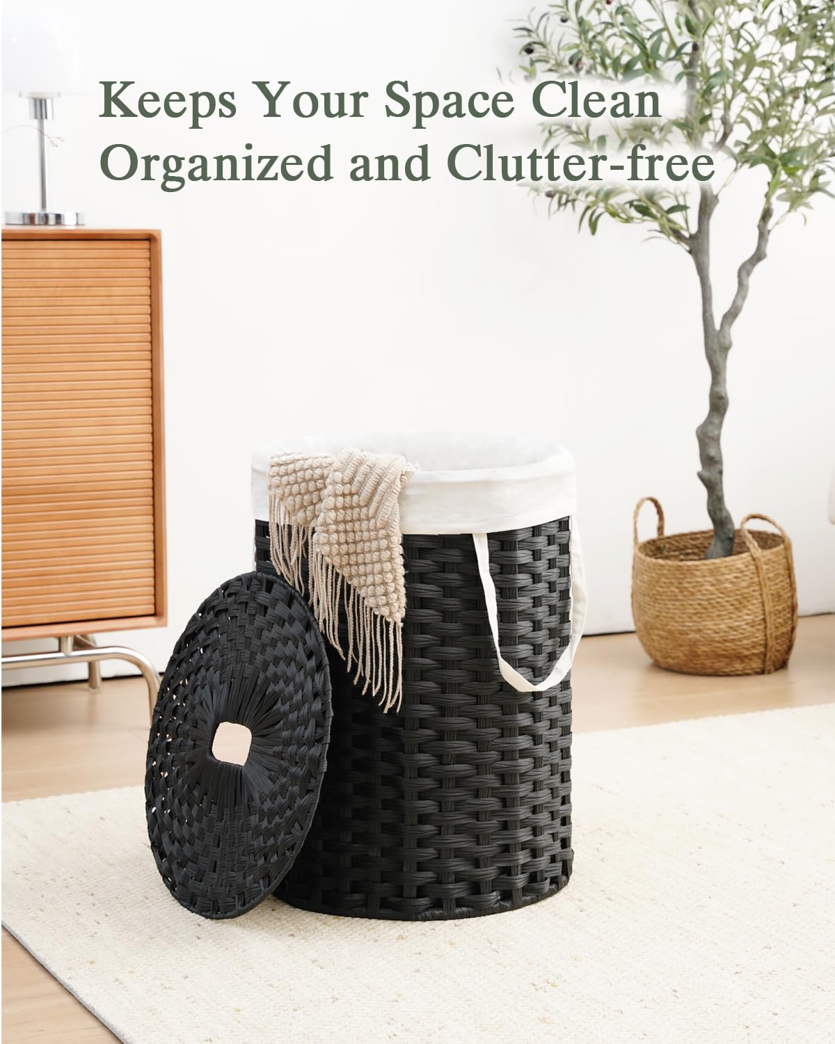 Laundry Hamper with Lid 23.8 Gal Handwoven Laundry Basket Black
