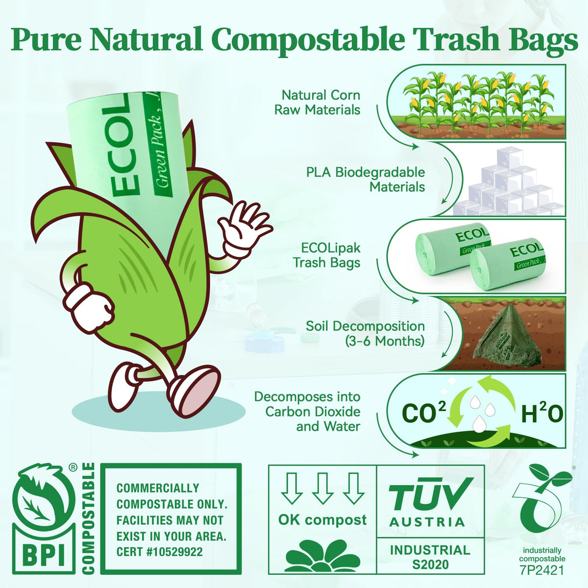 13 Gallon 100 Count Compostable Kitchen Trash Garbage Bags