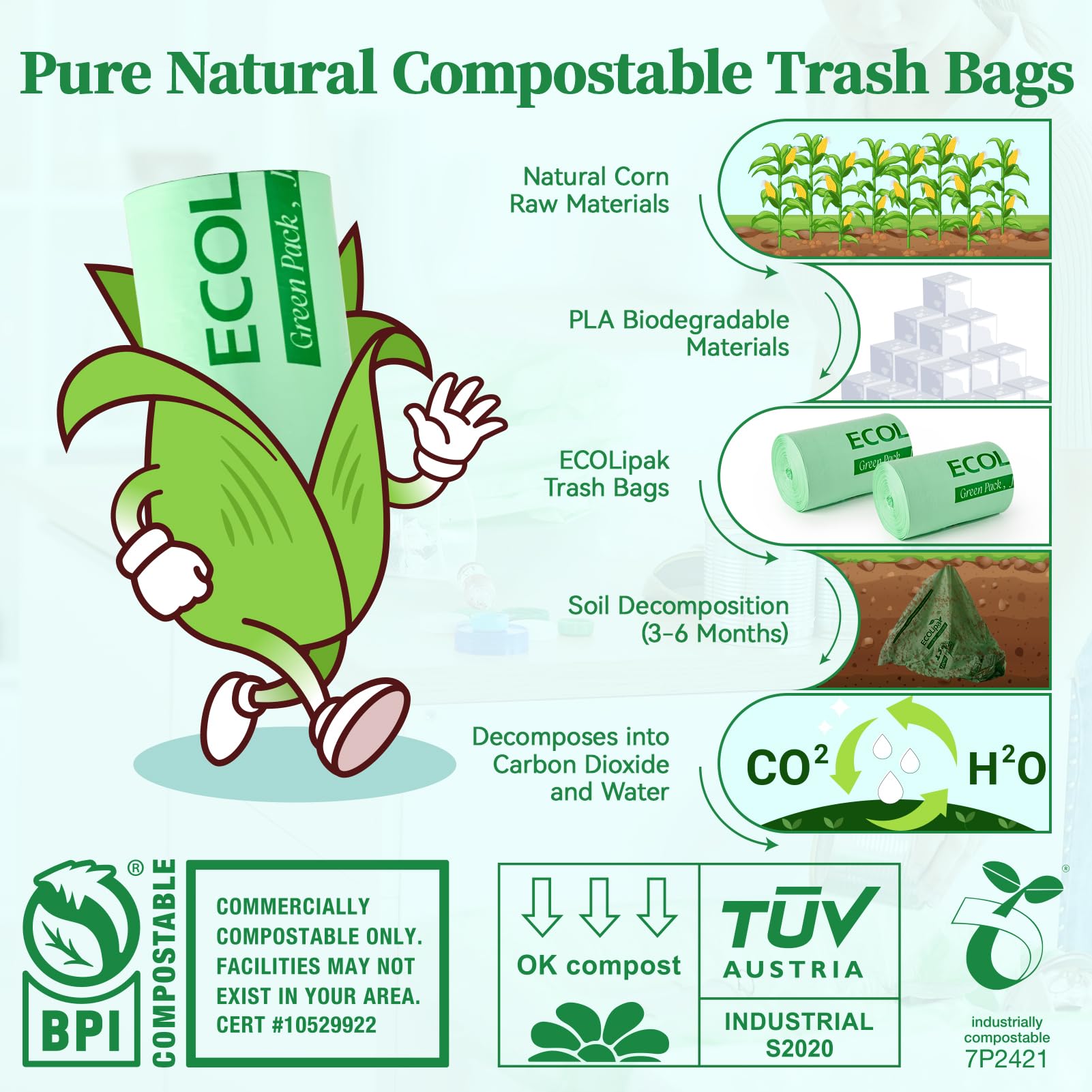 13 Gallon 100 Count Compostable Kitchen Trash Garbage Bags