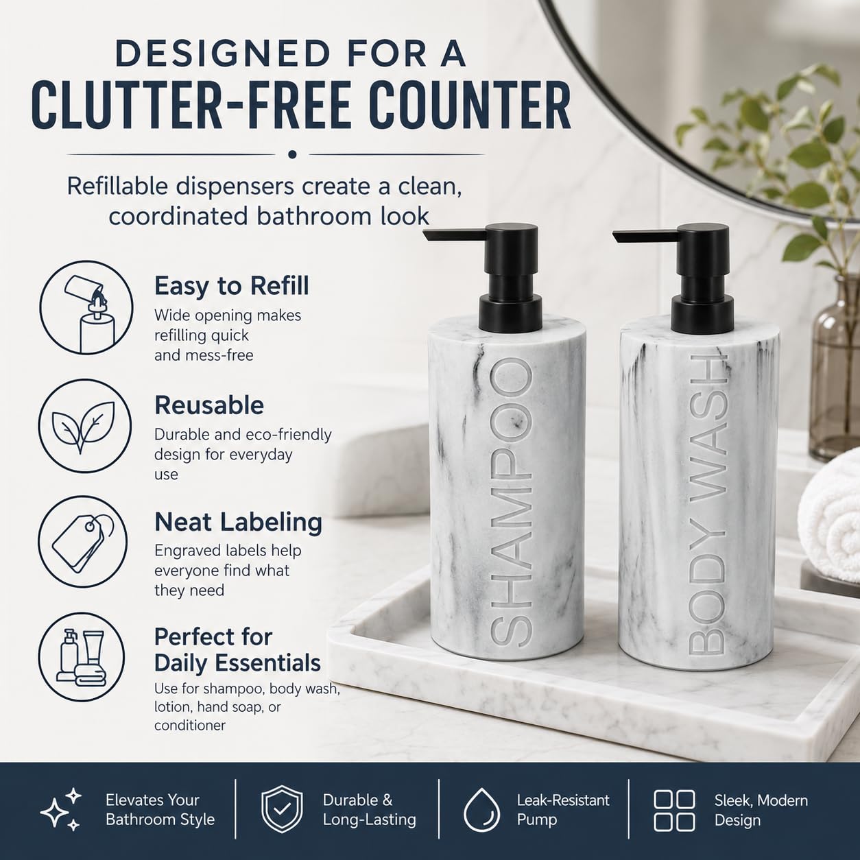 Marble Resin 2 Piece Shampoo and Body Wash Dispenser Set