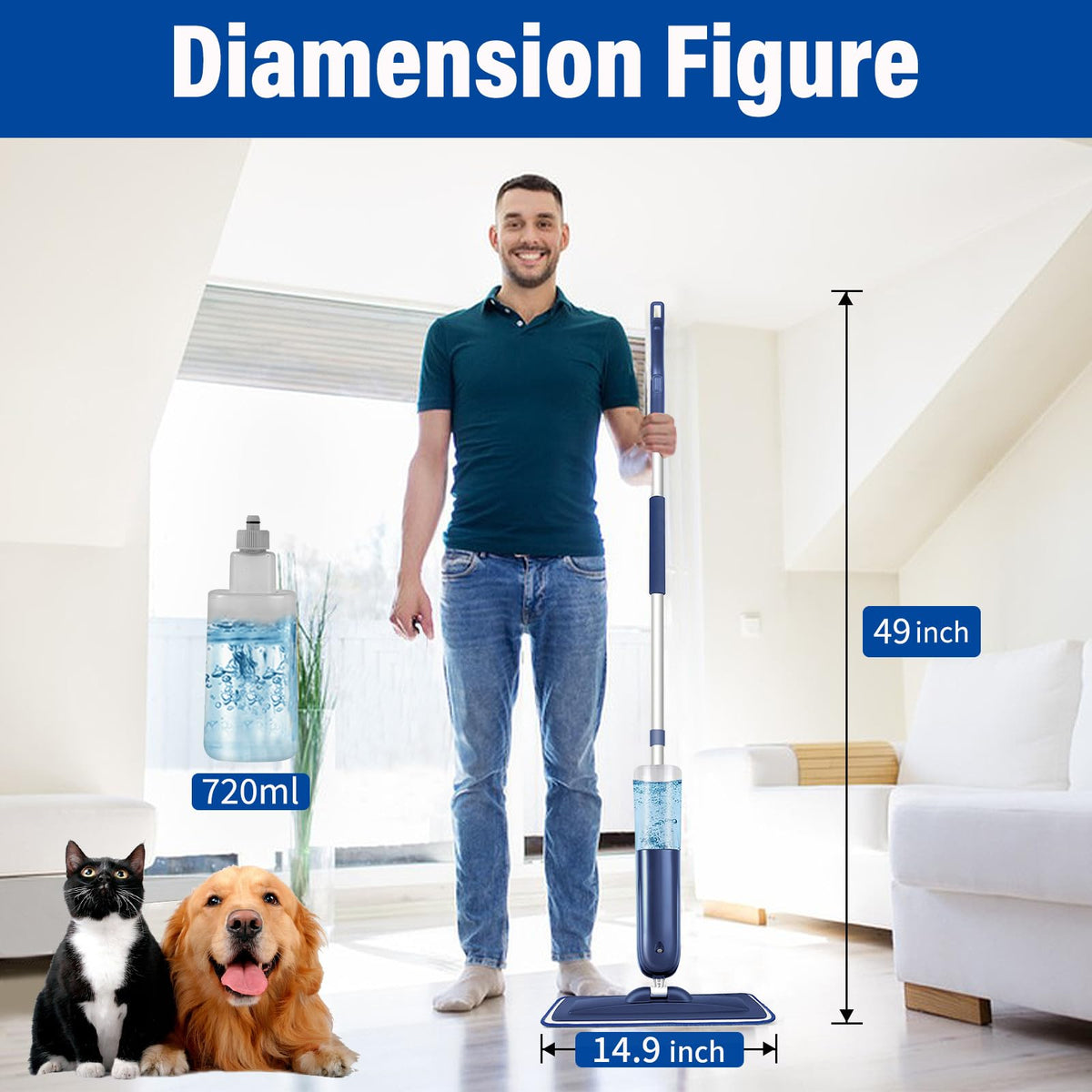 PowerMop Floor Mop with 720 ml Refillable Bottle & 3 Microfiber Pads