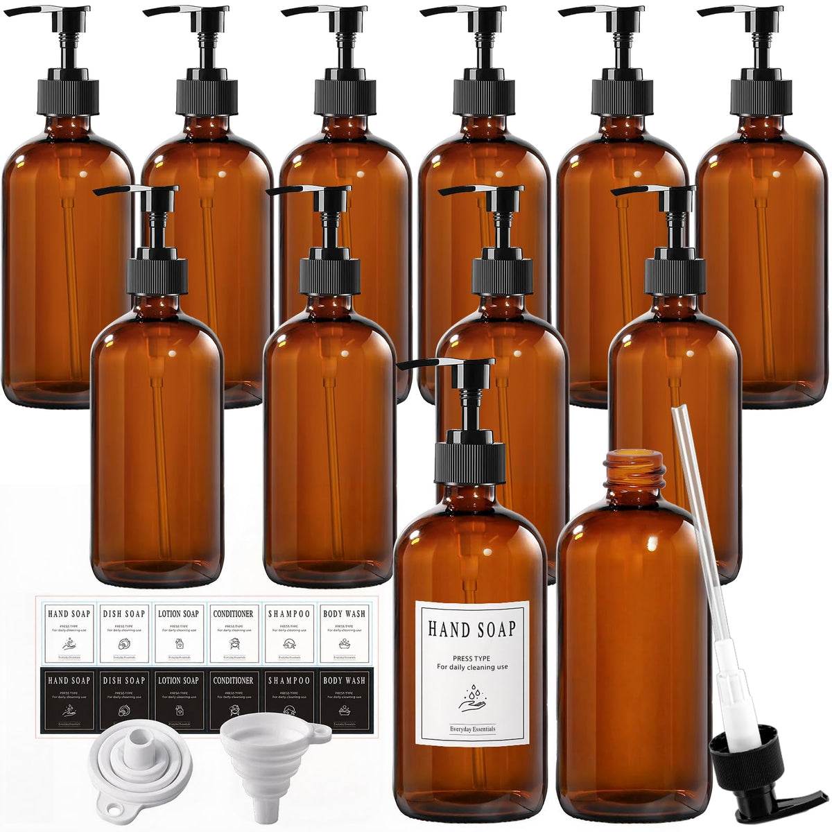 12 Pack 16oz Amber Glass Bottles with Pump Dispensers (12 Count)
