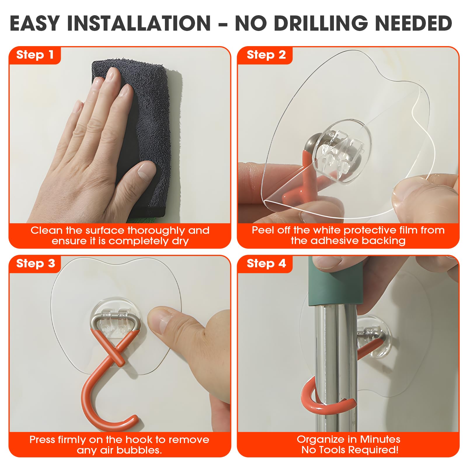 No Drill Broom Holder Adhesive Wall Hooks Heavy Duty Mop Hooks 2Pcs (2 Count)