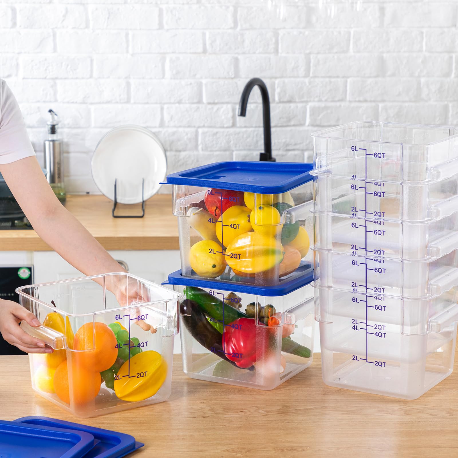 8 Pack 6 Qt Commercial Food Storage Containers with Lids Square Food Storage Container Clear Cereal Storage Containers for Kitchen Freezer Pantry Restaurant Flour Sugar (8 Count)