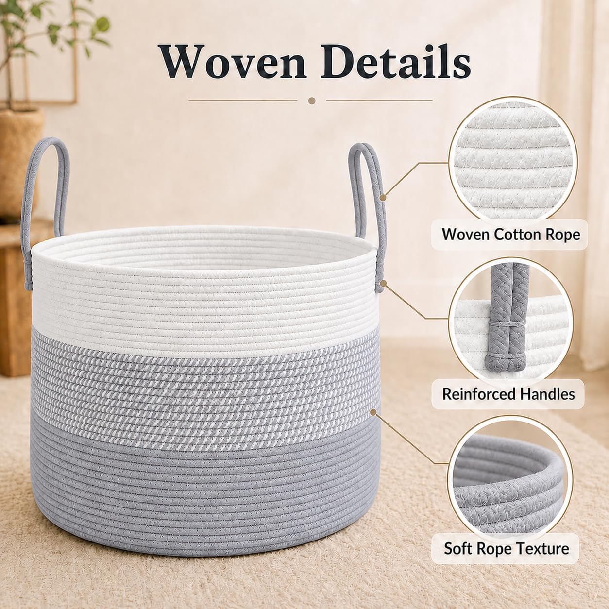 115L Extra Large Machine Washable Cotton Rope Blanket Basket