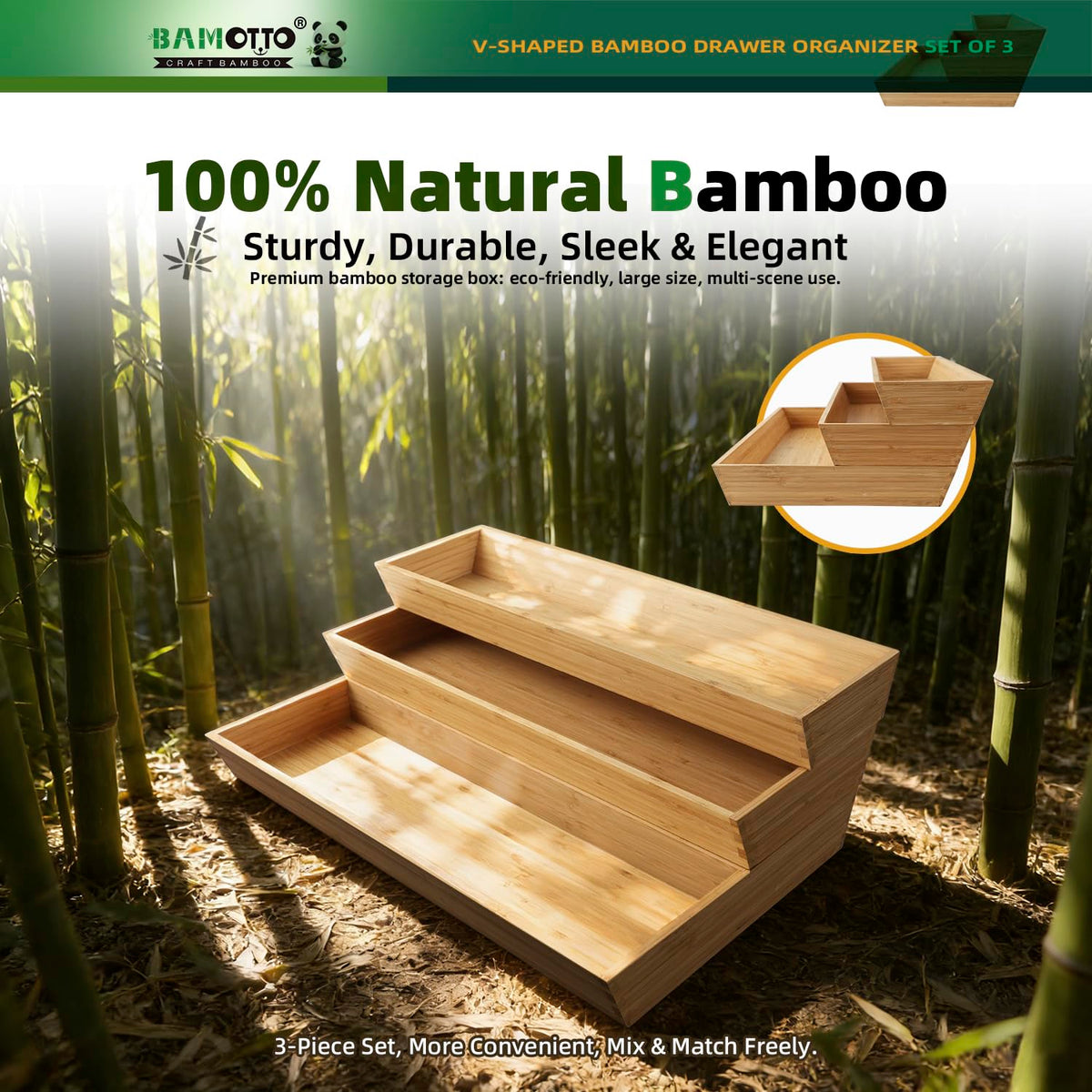 Large Long V Shaped Bamboo Drawer Organizer Set of 3 (78.4 Ounce)