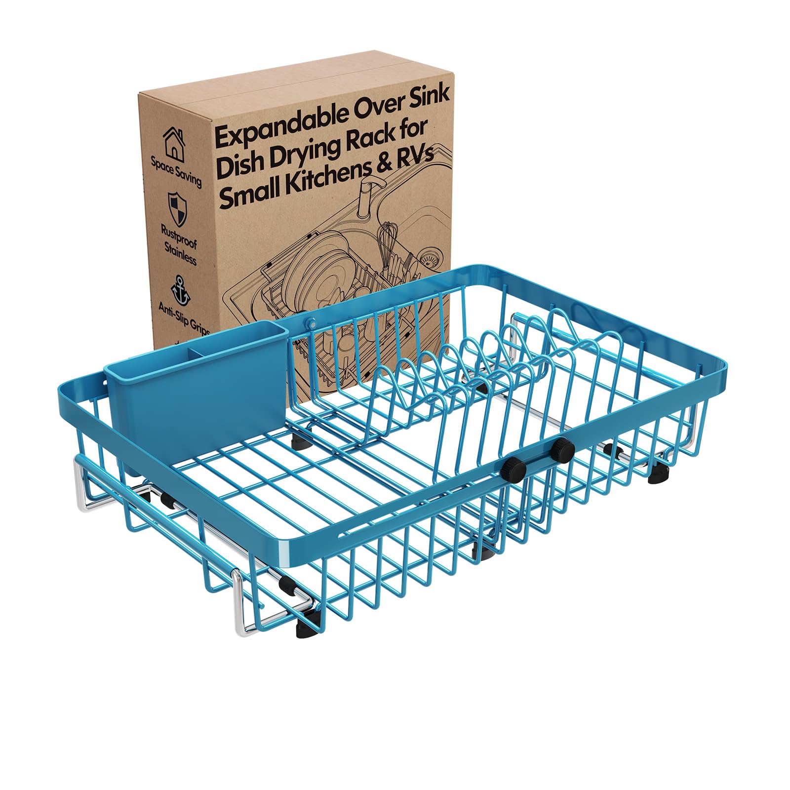 Blue Dish Drying Rack Over The Sink with Utensil Holder