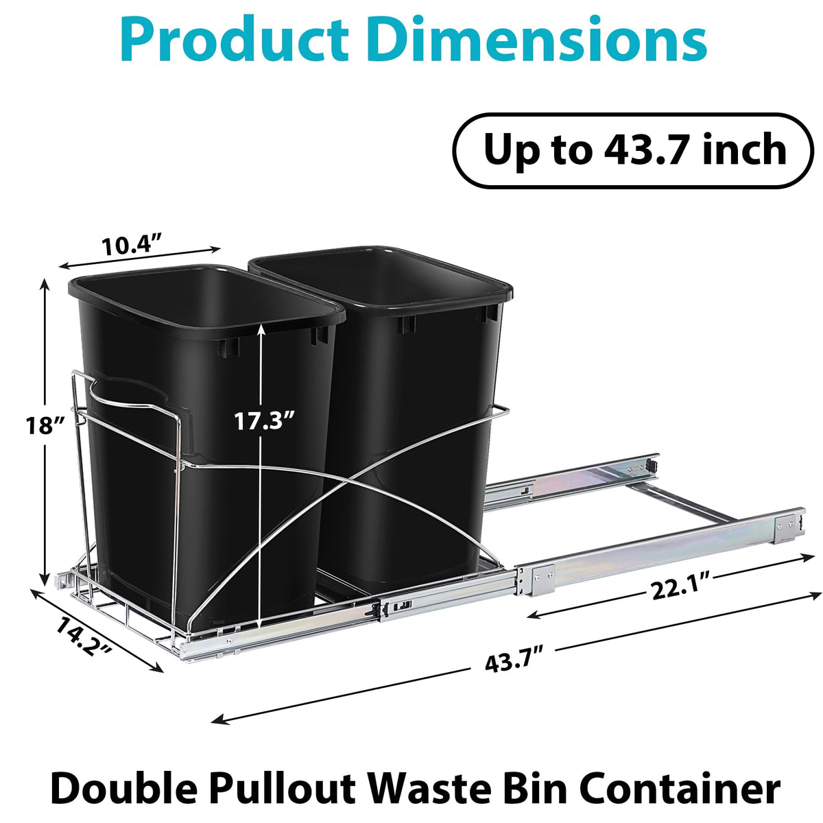 Double 35 Quart Pull Out Trash Can Under Cabinets Under Sink Garbage Sliding Waste Bin Container Recycling Bins with Chrome Wire Bottom Mount 44 lbs Load Capacity