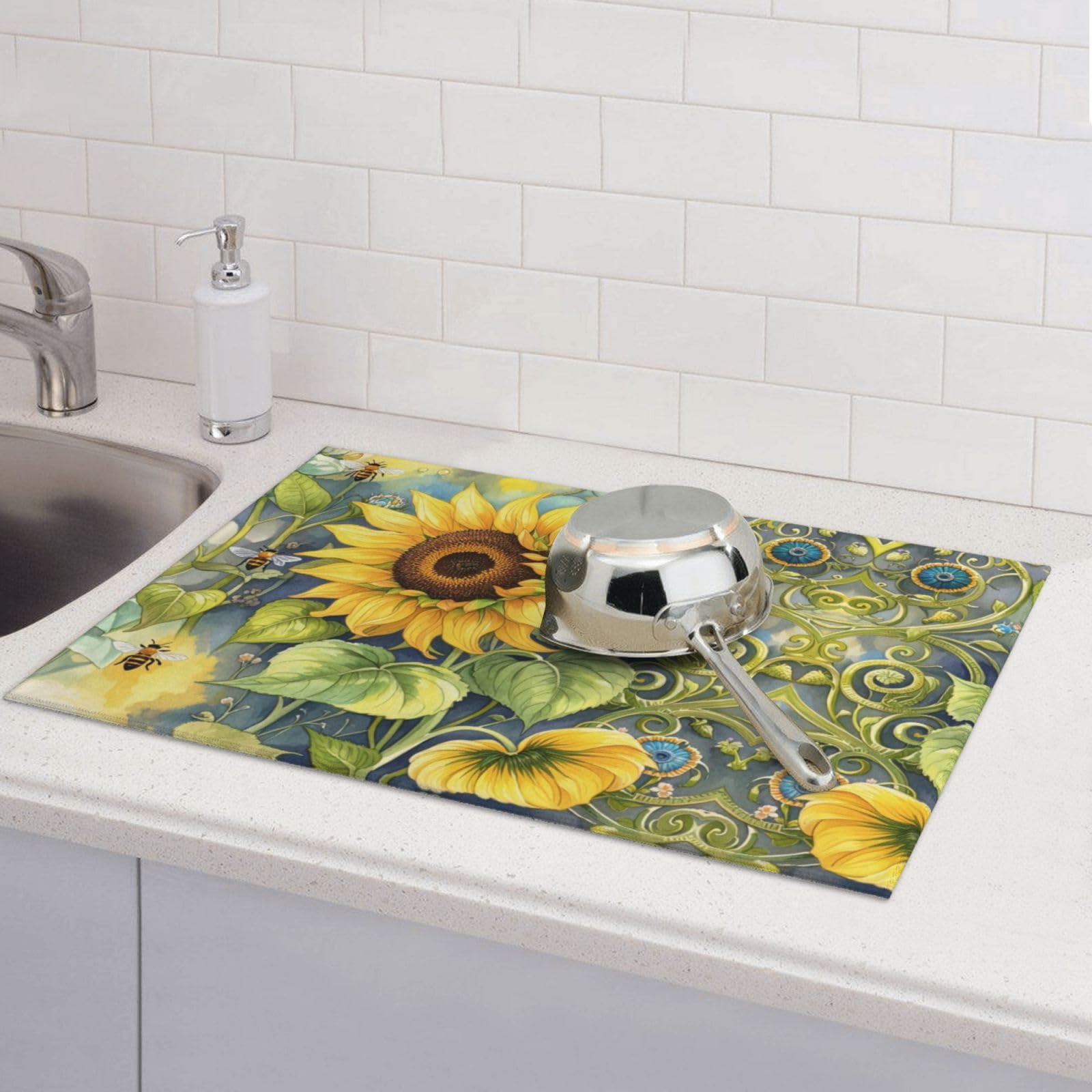 Sunflower Bee Dish Drying Mat Highly Absorbent Double