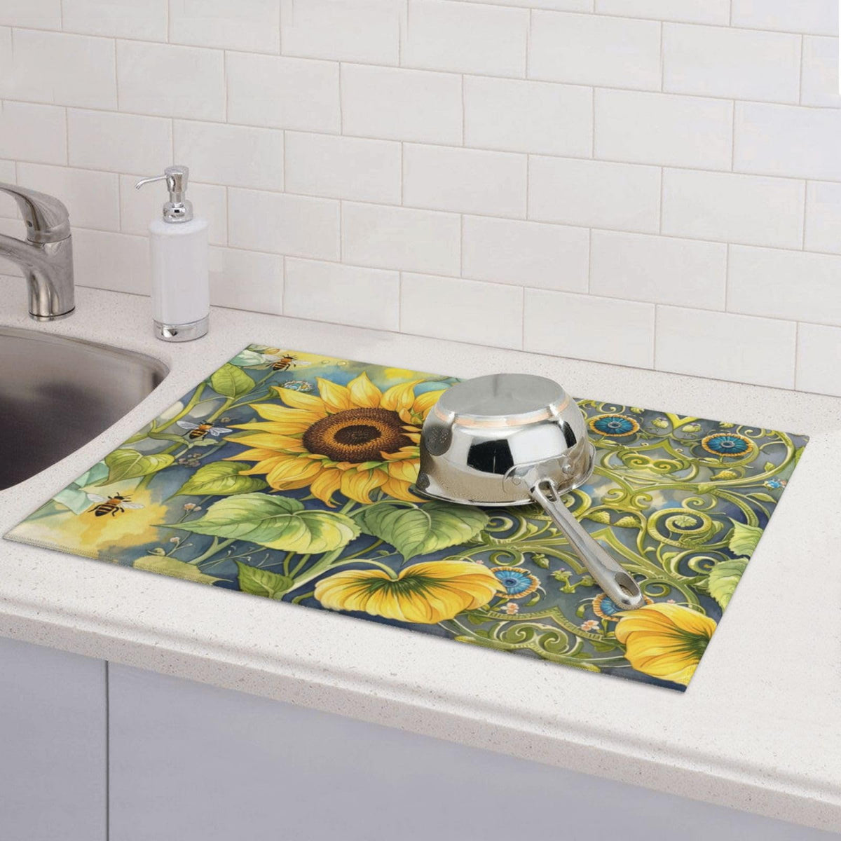 Sunflower Bee Dish Drying Mat Highly Absorbent Double