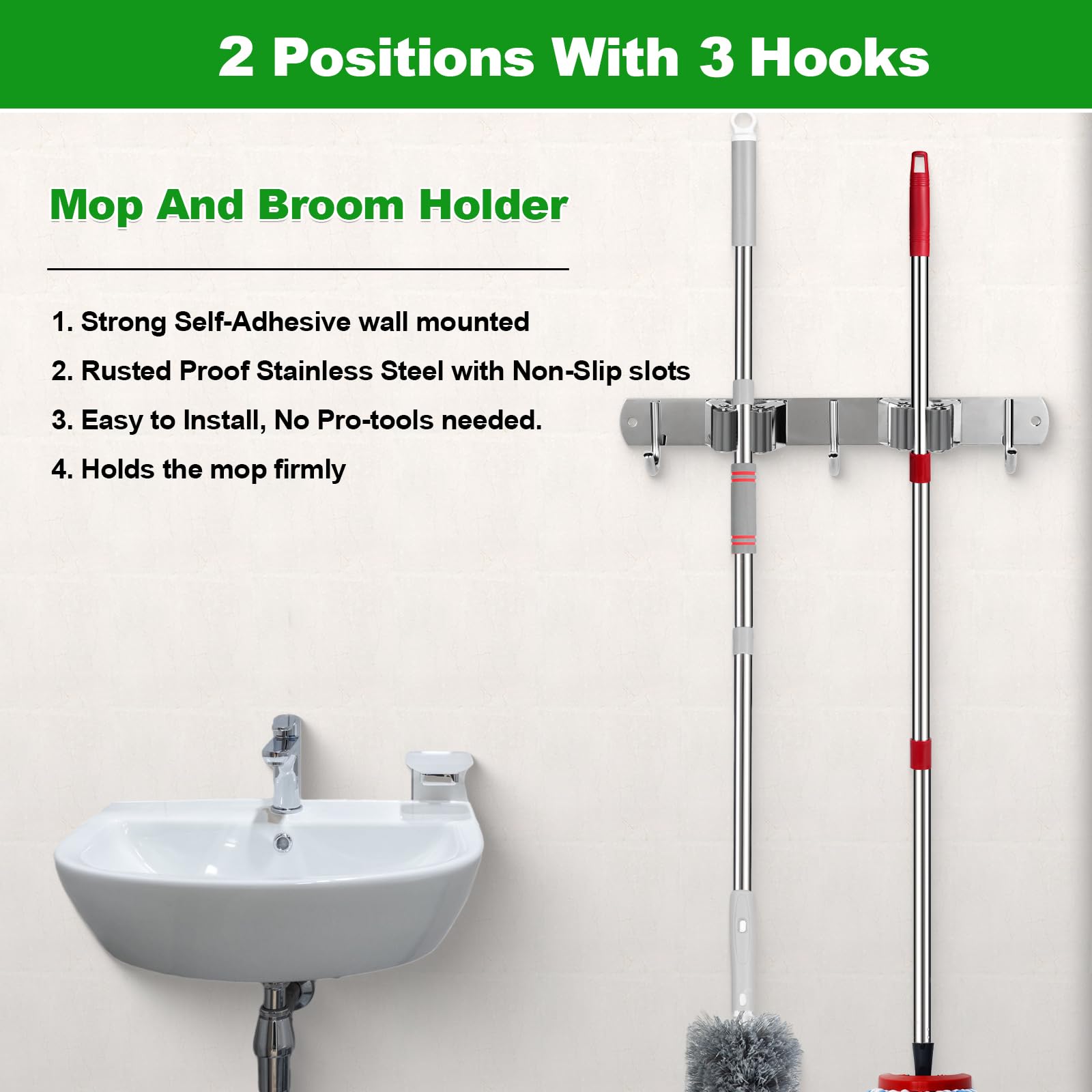 2 Racks and 3 Hooks Mop and Broom Holder Wall Mount