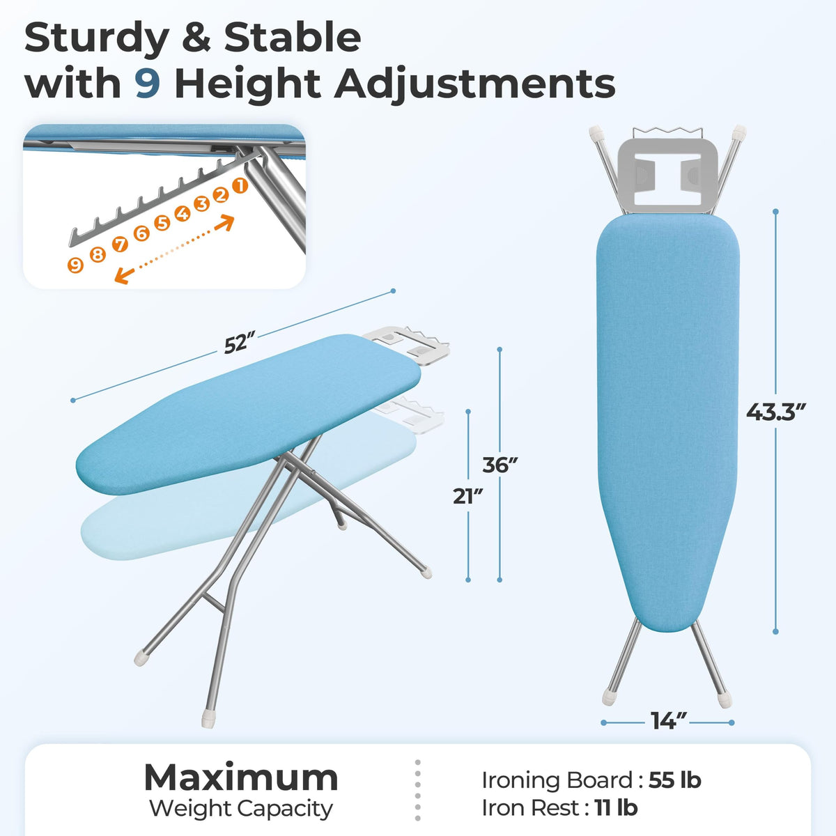 Ironing Board 43"x14" with Heavy Duty Iron Rest