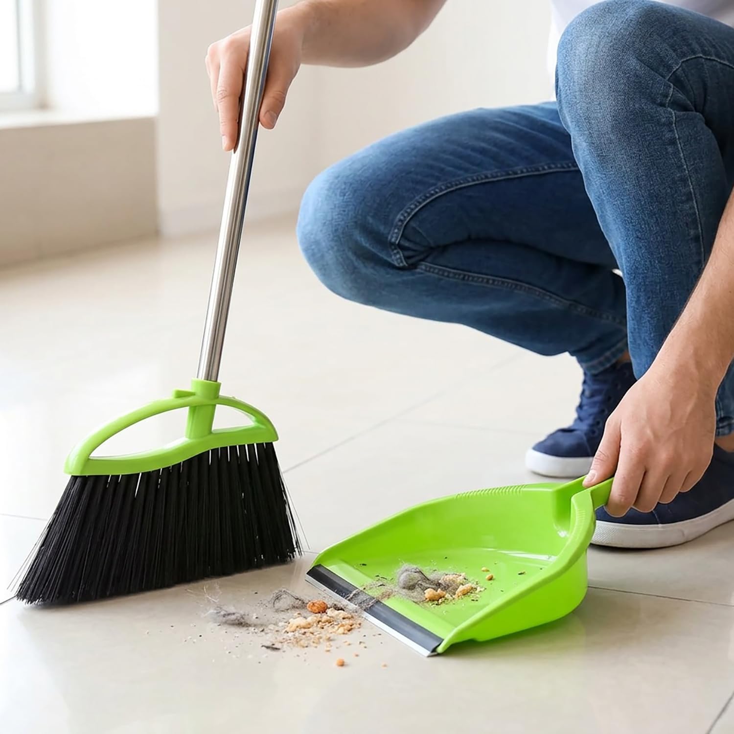 Soft Bristles Green Angle Broom and Dustpan Set