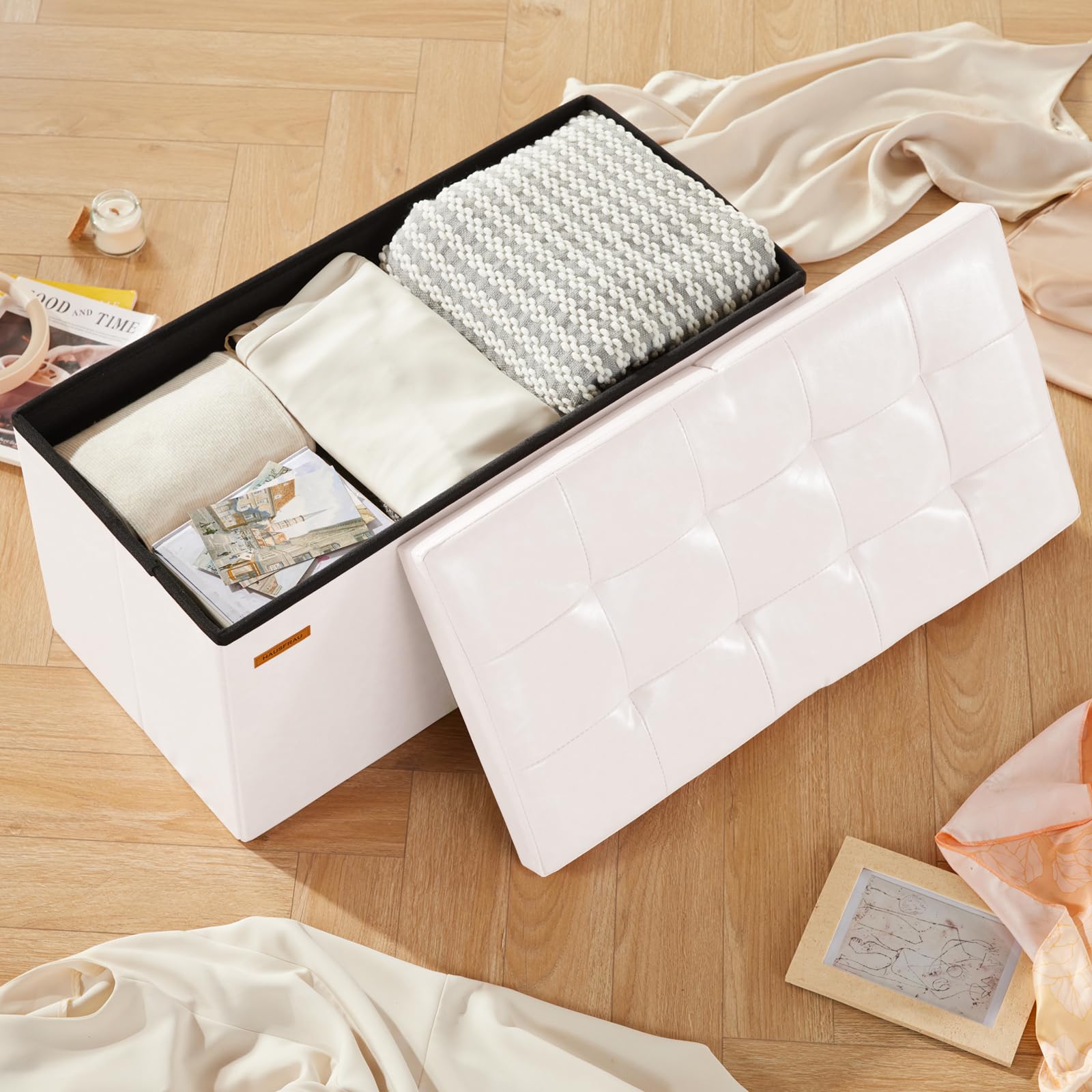 Ottoman with Storage Bench Folding Foot Rest Stool White