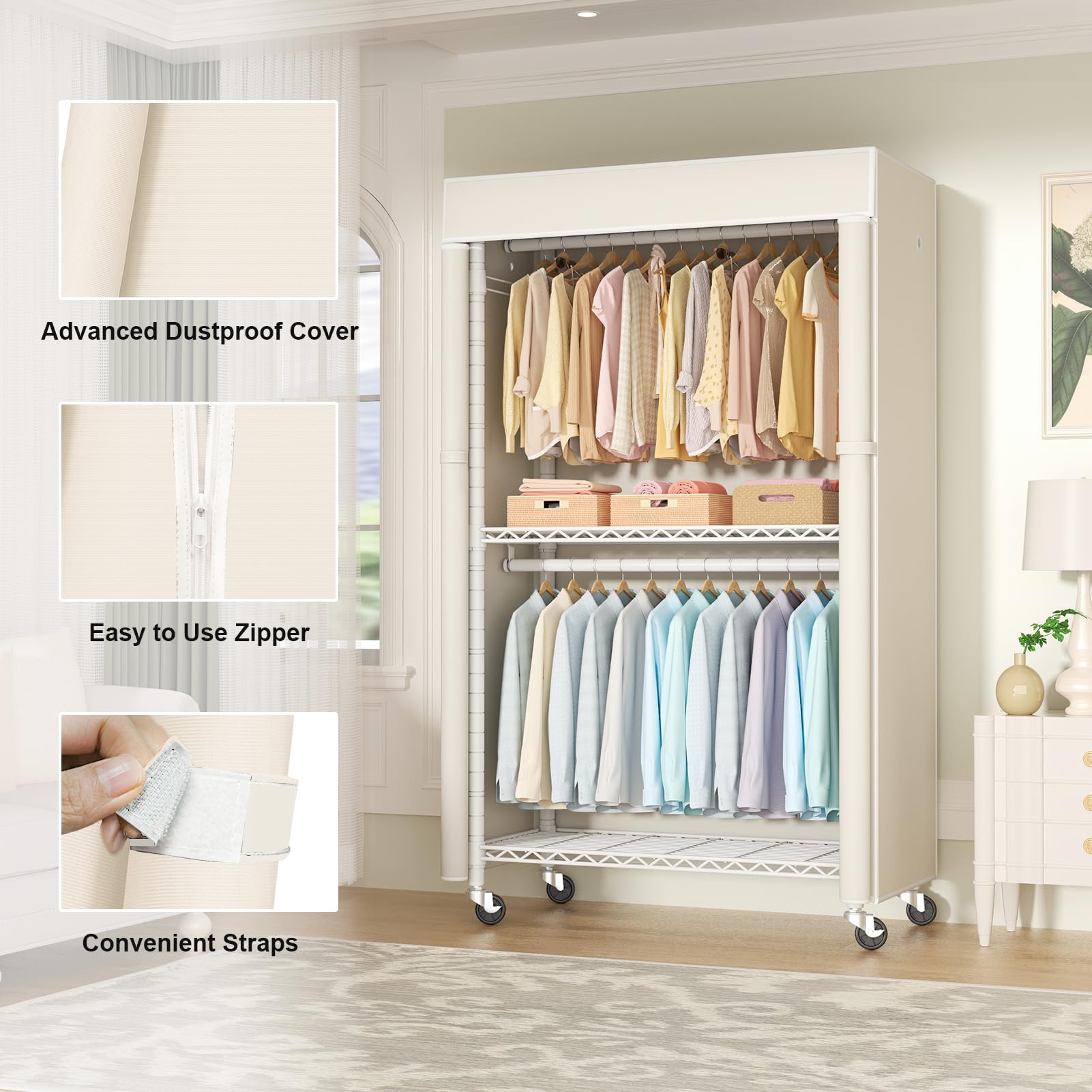 White Clothing Rack with Beige Cover