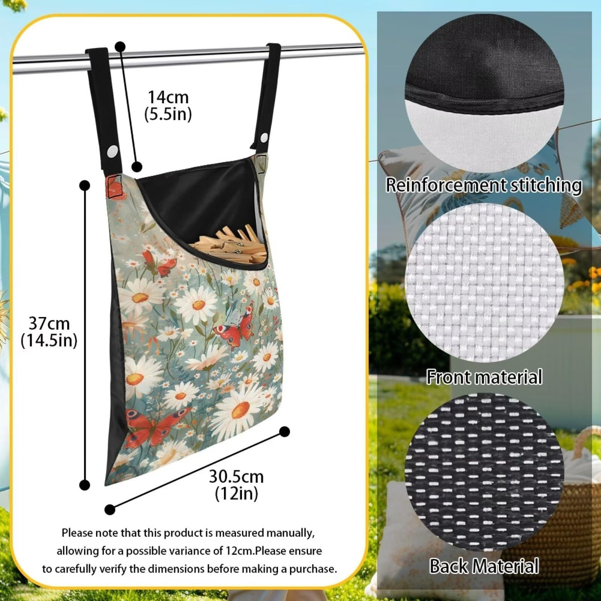 Daisy Clothespin Bag Butterfly Laundry Hanging Storage Organizer Clothes Pin Hanging Bags with Rope Clothespin Holder with an Space