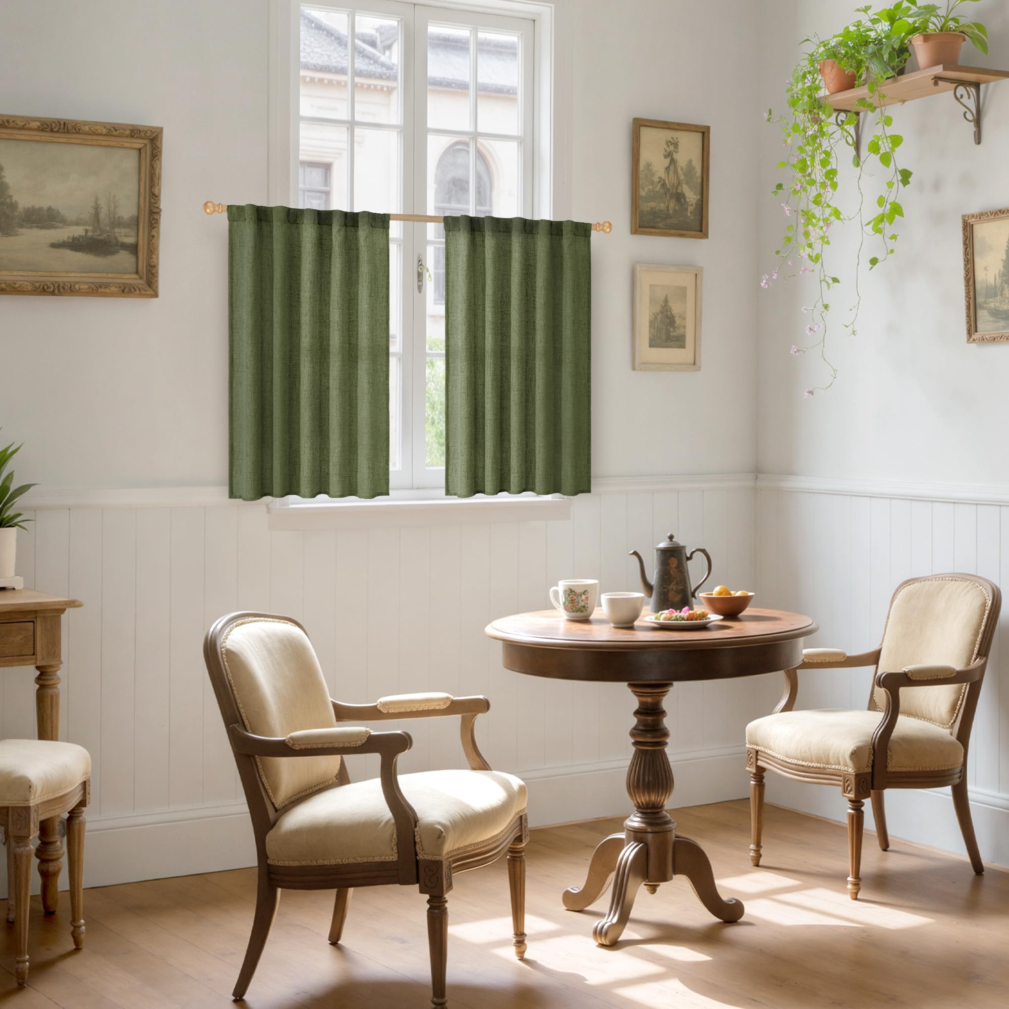 Olive Green Linen Curtains 40 Inch Length for Kitchen Window (2 Count)