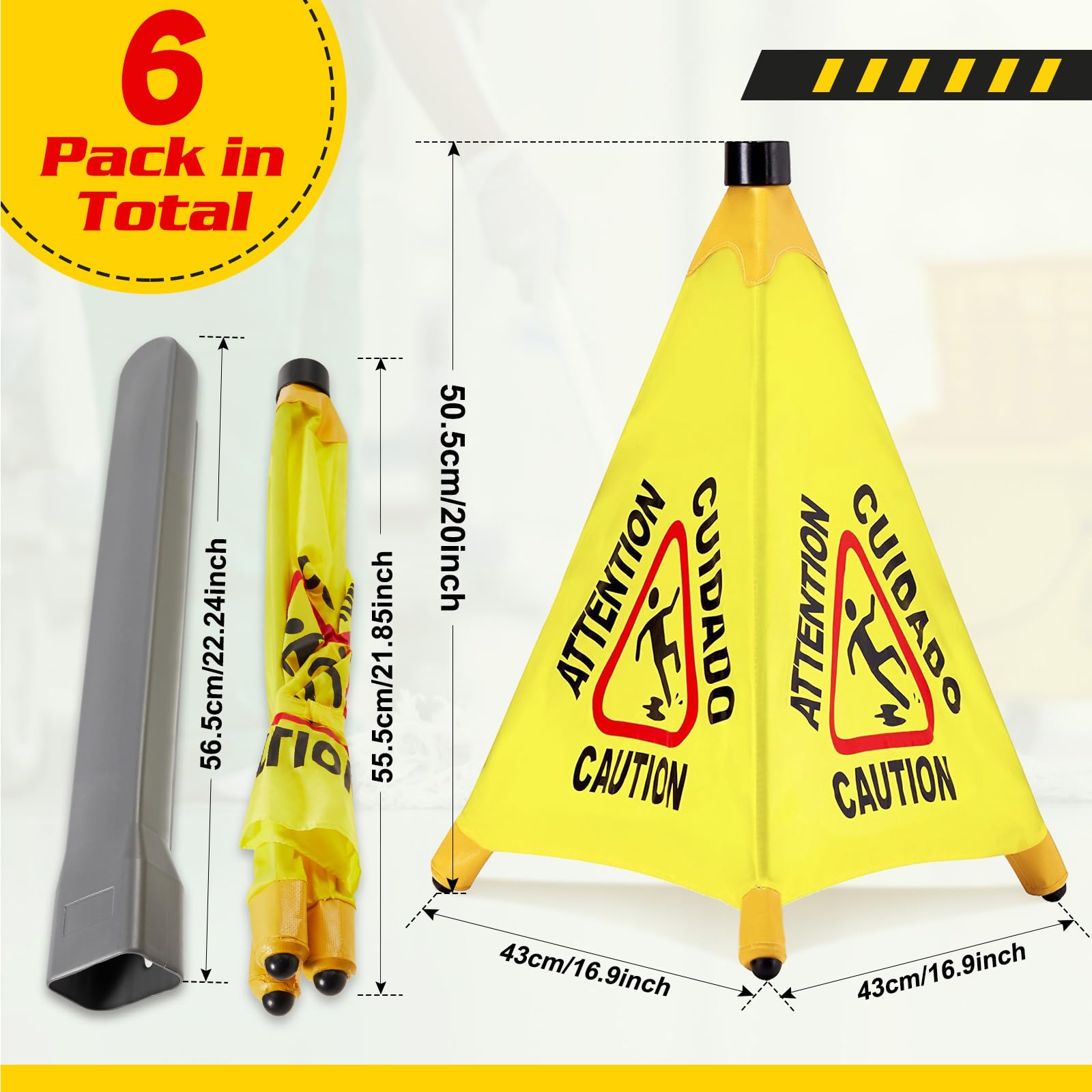6 Pcs Pop up Wet Floor Sign with Storage Tube 20 Inch Wet Safety Signs Commercial Caution Safety Cone Pop up Caution Sign for Commercial Stores Grocery Restaurant Restroom Office Use (6 Count)