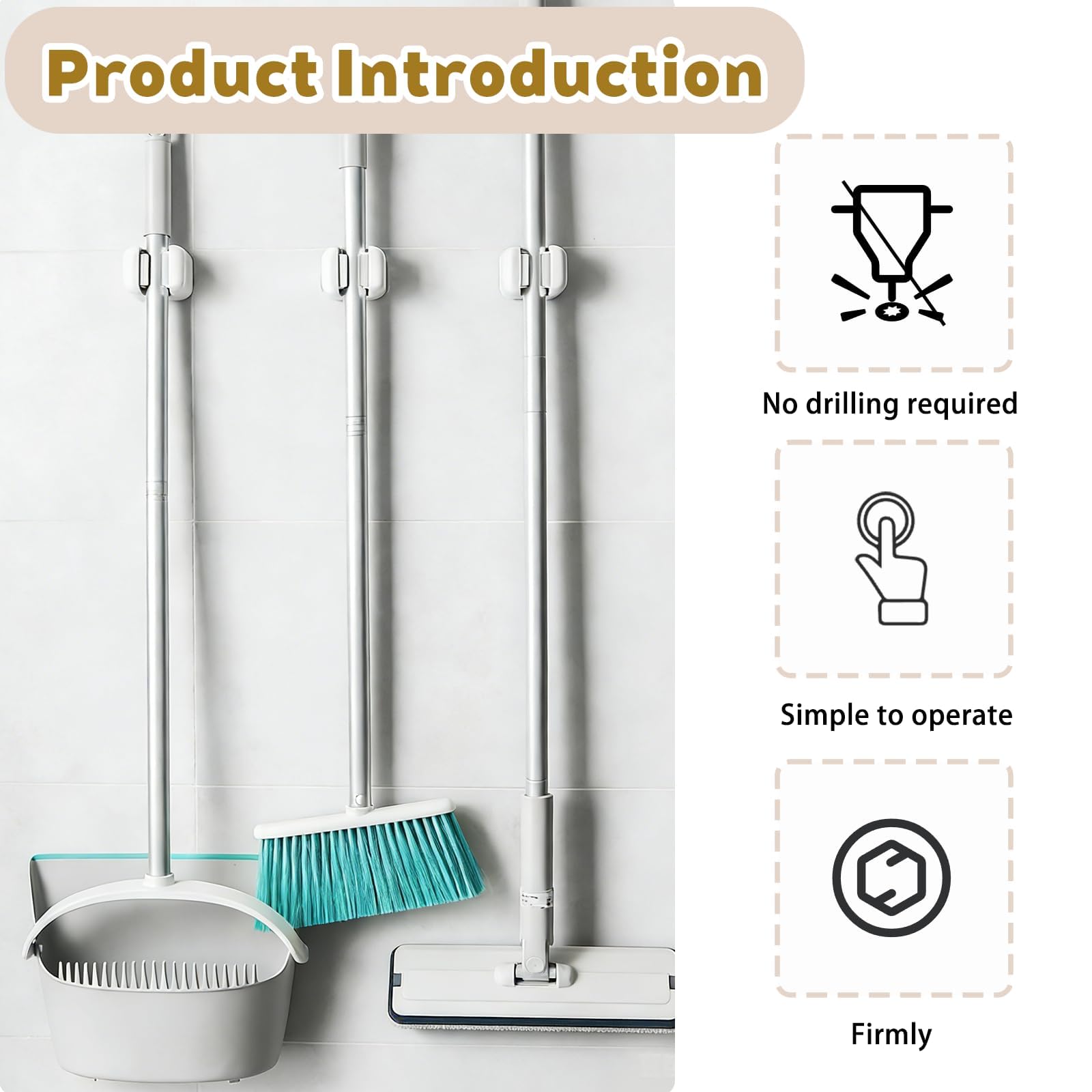4 Pack Mop and Broom Holder Wall Mount with Self