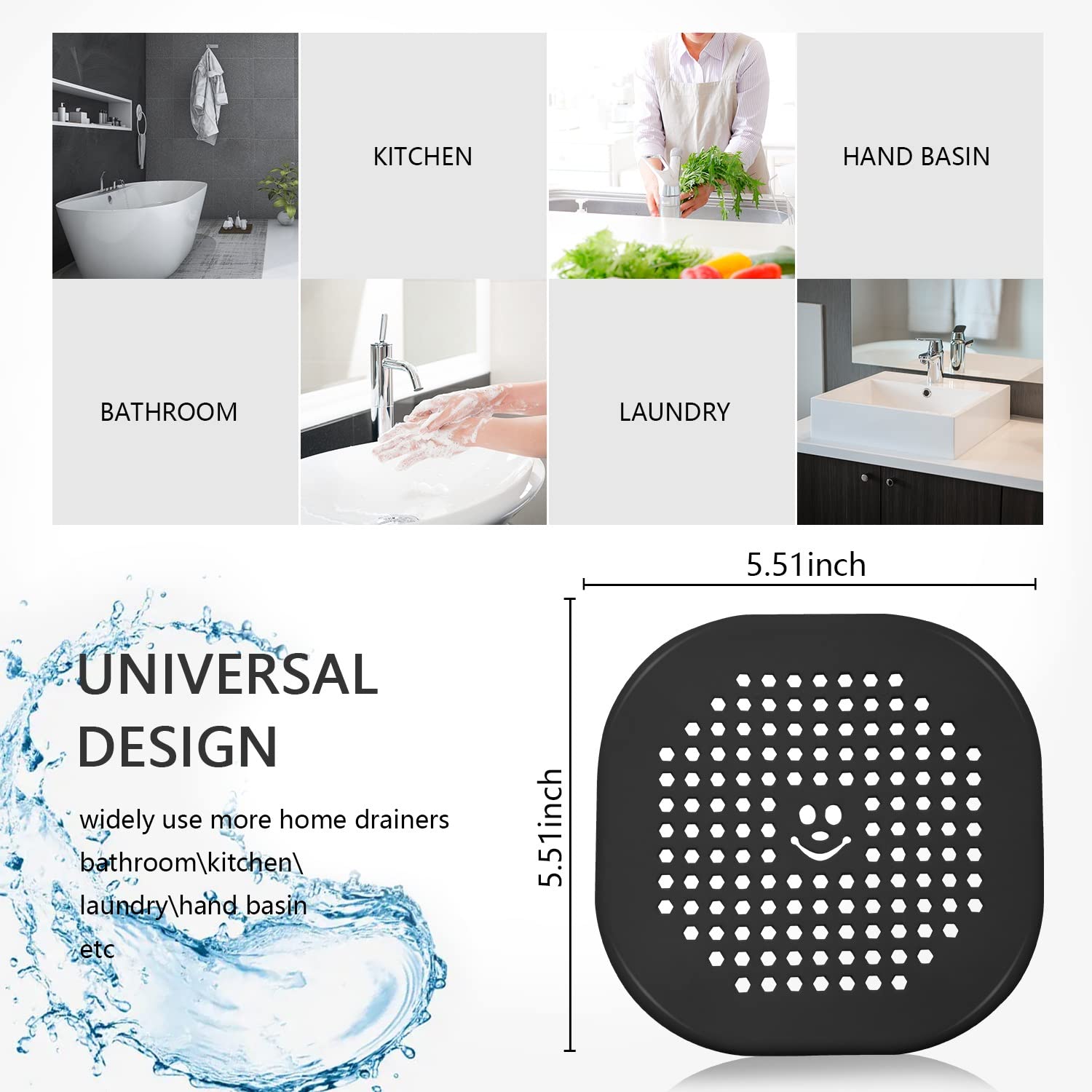 2 Pack Drain Hair Catcher Silicone Drain Protector Hair Stopper with Suction Cup for Shower Kitchen Bathroom Black White (2 Count)