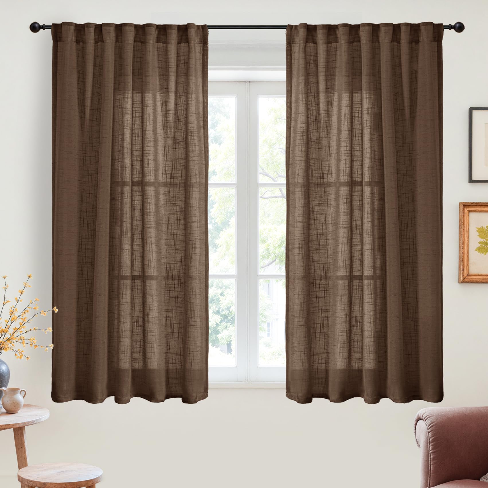 Brown Linen Semi Sheer Curtains 54 Inches Long 2 Panels (2 Count)
