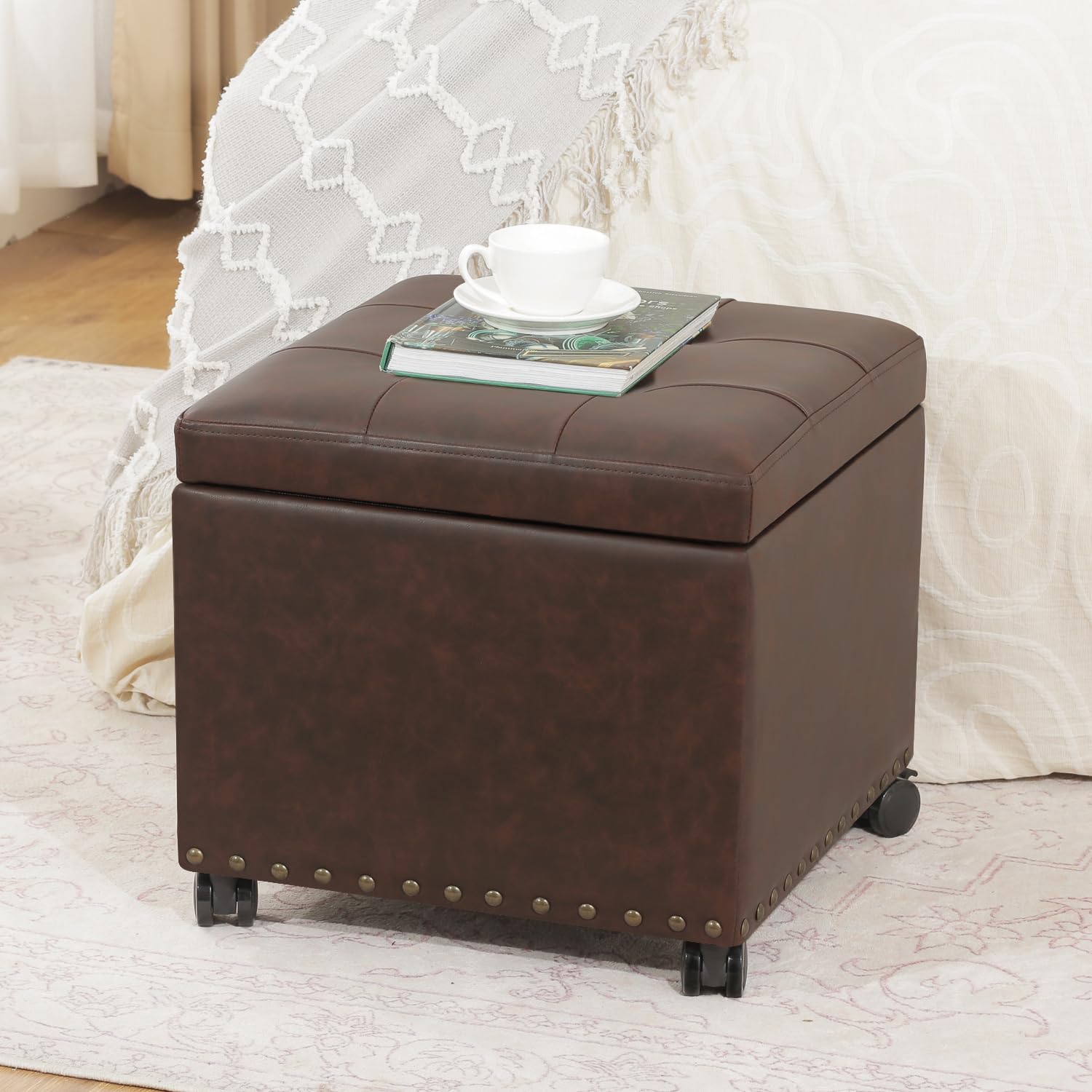 16.7" H Brown Leather Storage Ottoman with 360 Caster Wheels