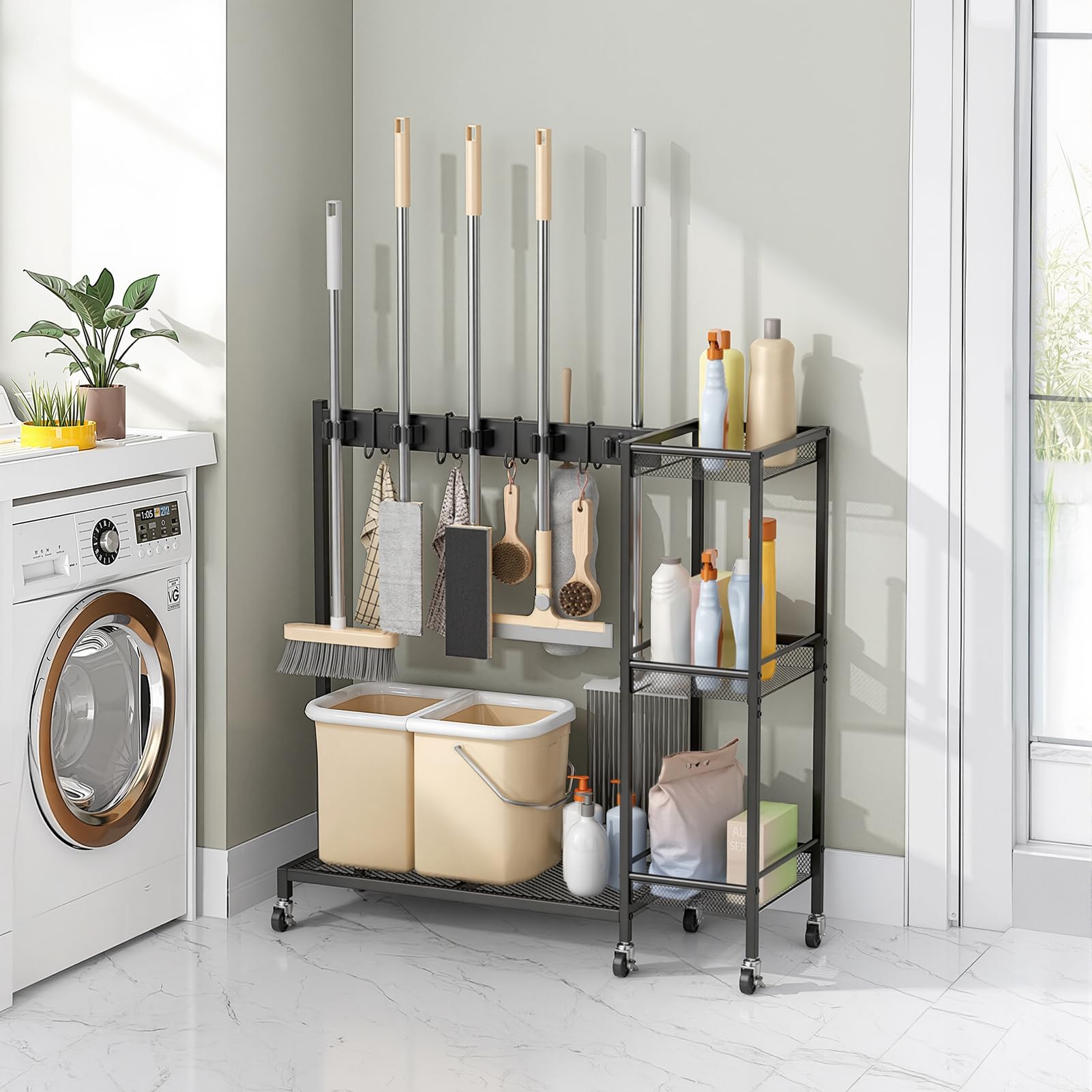 Broom Holder with Cleaning Supplies Organizer