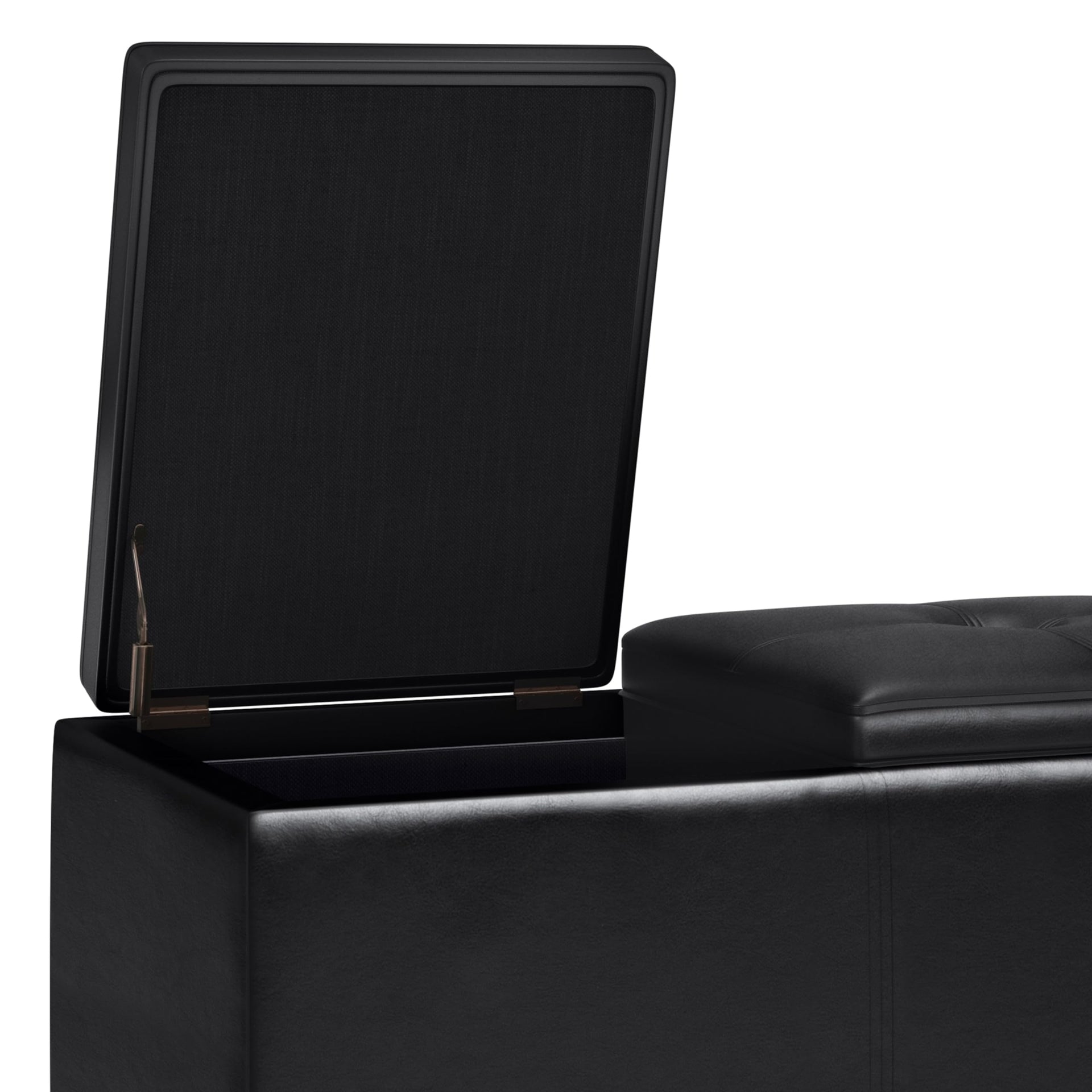 Avalon 42 inch Wide Contemporary Rectangle Tray Storage Ottoman with Lift Up Lids in Midnight Black Vegan Faux Leather