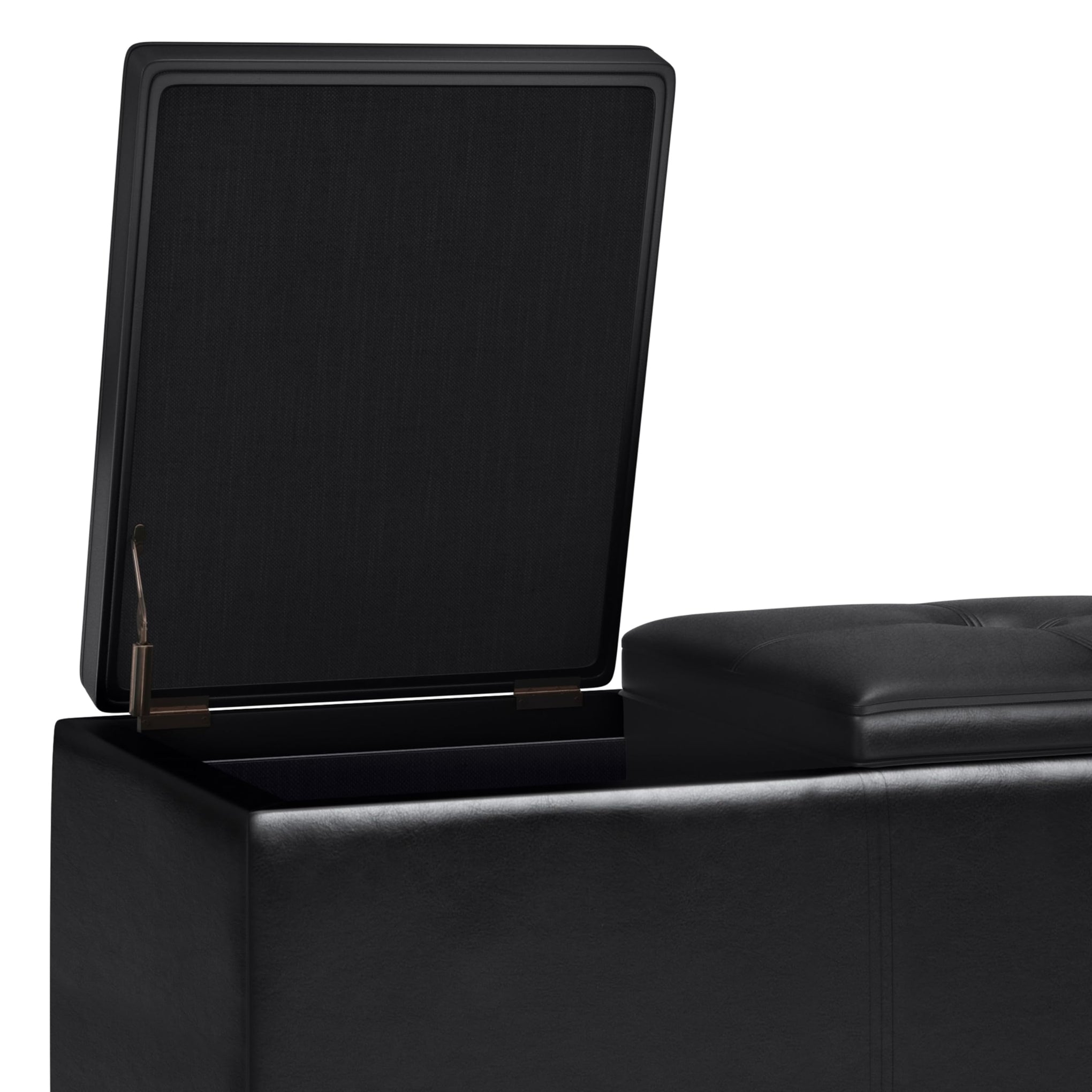 Avalon 42 inch Wide Contemporary Rectangle Tray Storage Ottoman with Lift Up Lids in Midnight Black Vegan Faux Leather