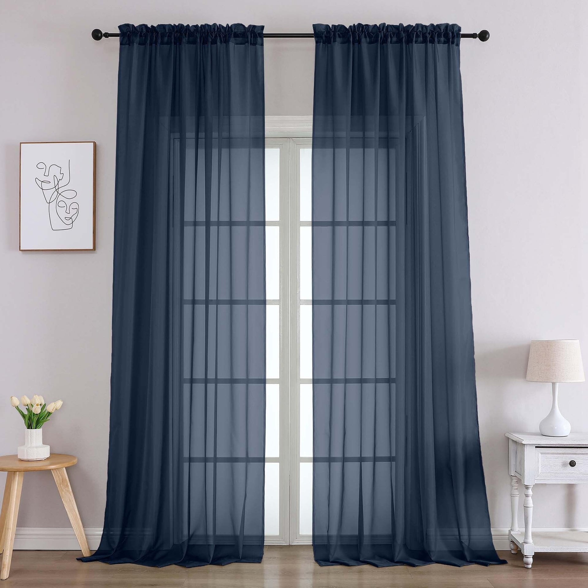 Navy Blue Sheer Curtains 96 Inches Long 2 Panels (2 Count)
