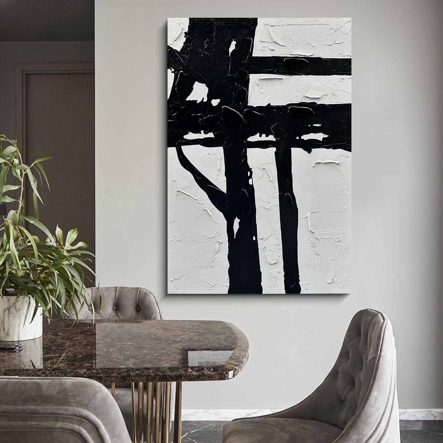 Art Hand drawn black and white abstract decorative oil painting